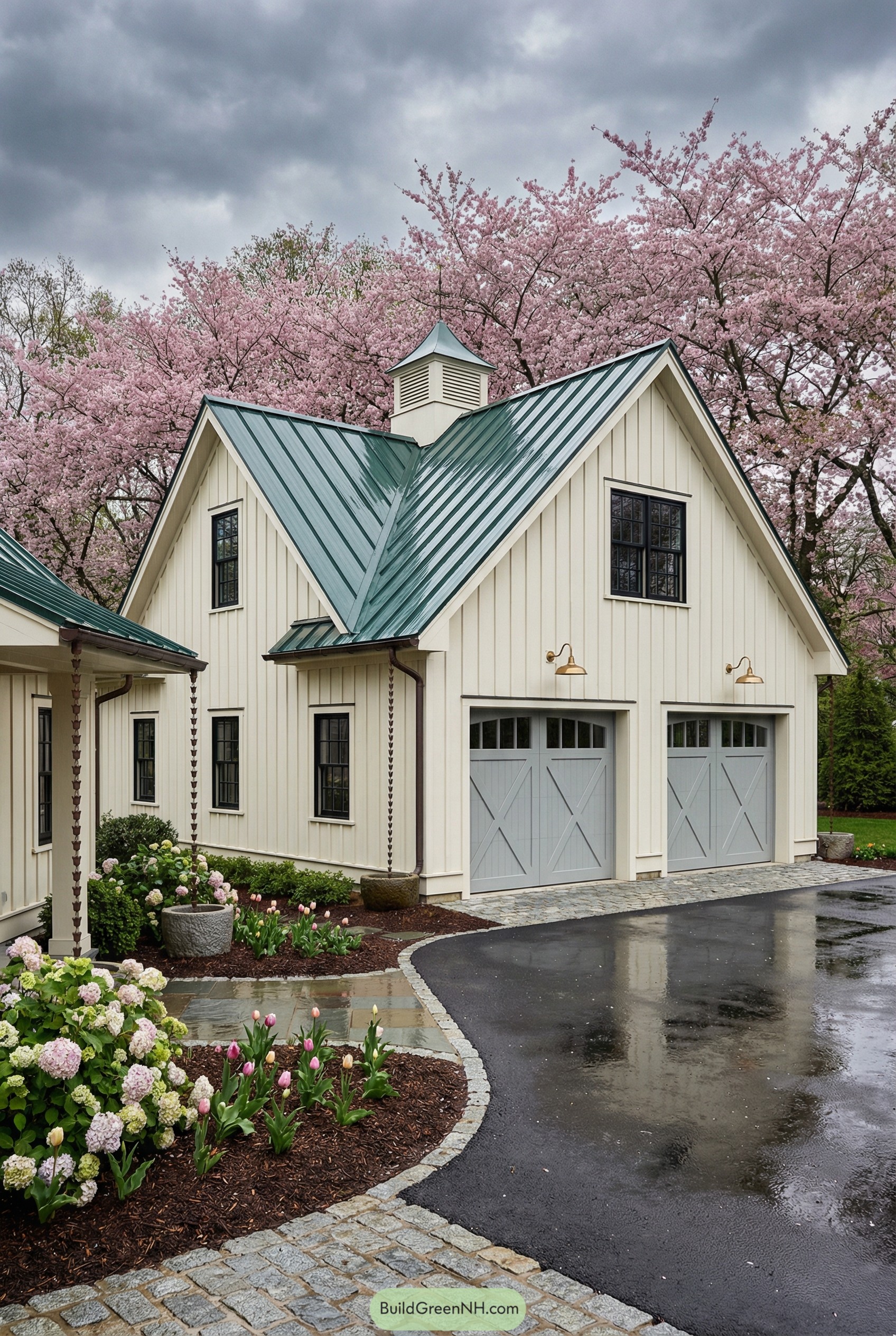 A spring rain scene showing the entire barn-style garage completely within the frame, with creamy off-white vertical siding, ink-black window trim, and a dramatic gable roof in deep green metal; the facade includes three carriage-style doors in soft gray with X-bracing and brass-finished sconces, plus a central cupola with louvered vents; a curving asphalt drive meets a cobblestone skirt at the entry, and rain chains pour into stone basins beside overflowing hydrangeas, tulips, and fresh mulch beds; reflections shimmer in puddles, and behind the garage a grove of flowering cherry trees creates a pink canopy under a moody overcast sky. single real-life photo, high-resolution, full-frame, 28mm, f/8, ISO 100, ultra high detail, editorial architecture photography, cinematic composition, no people, no animals, no text, soft lighting, strictly no collages.