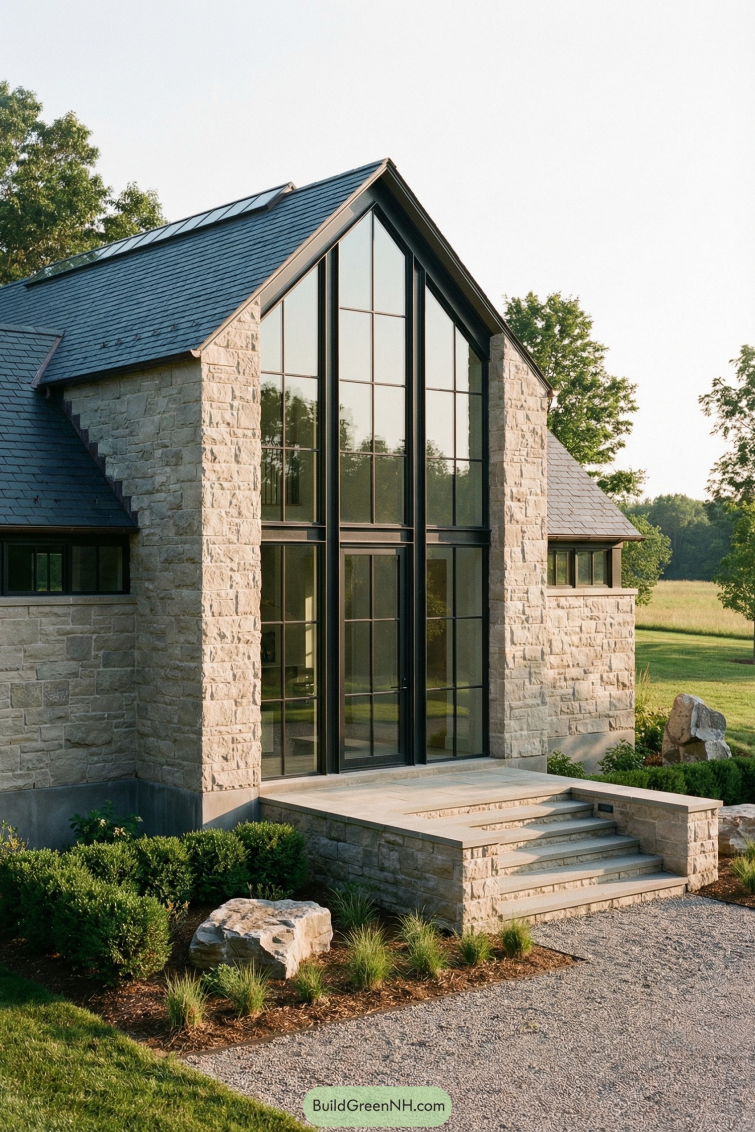 Tall gabled stone house with full-height glass facade and simple landscaped entry steps