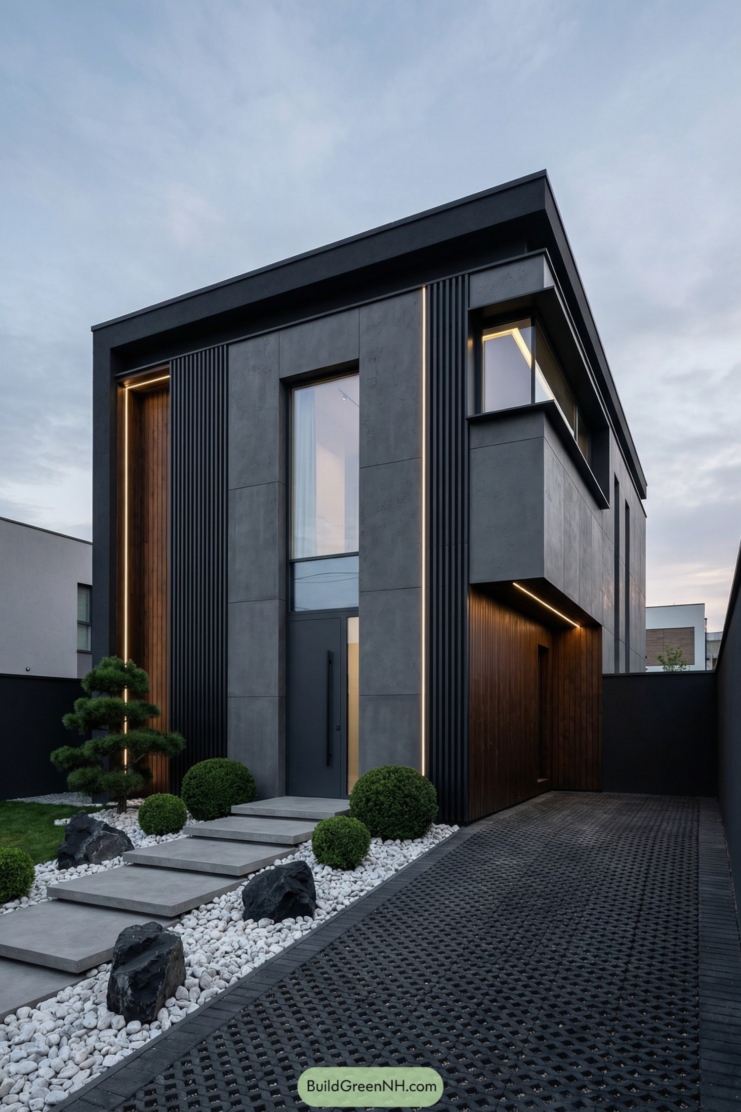 Modern gray cubic house with minimal garden