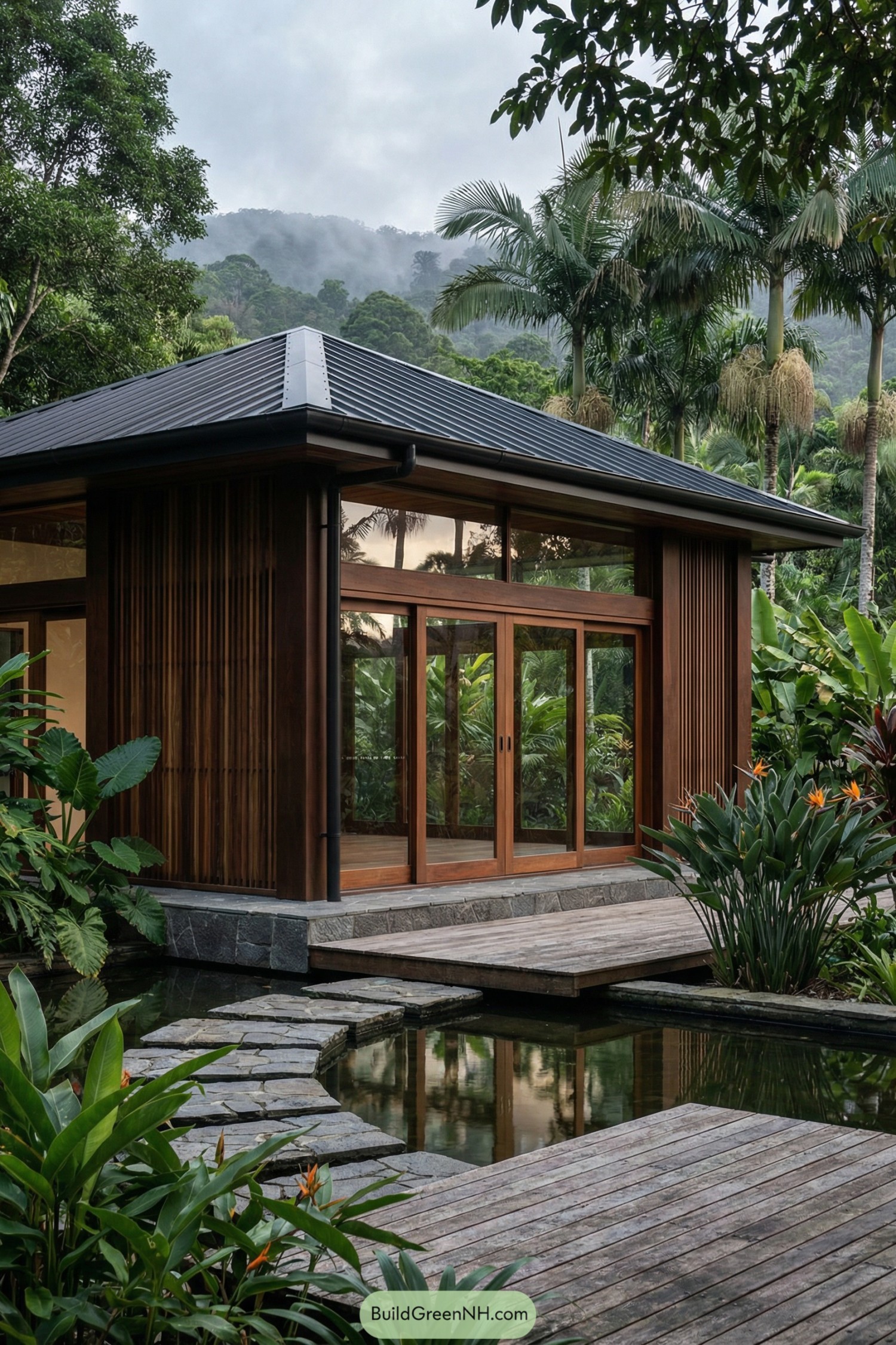 Tropical wooden garden house with large glass doors over a pond and stepping stone path