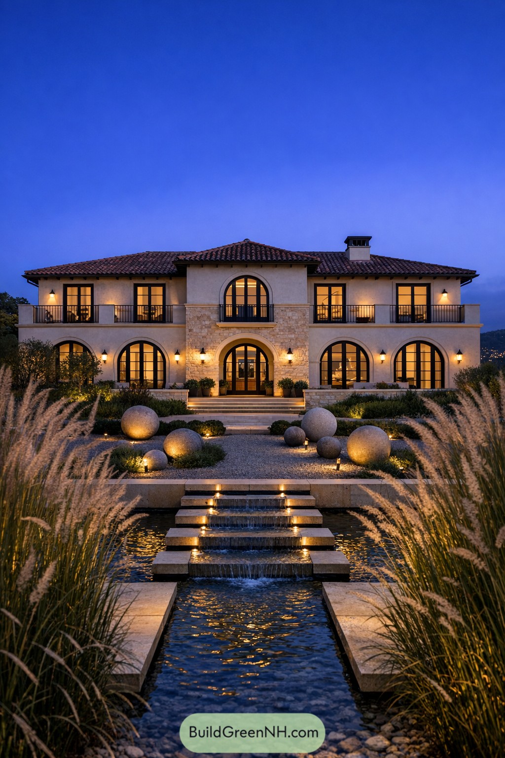 Elegant two story villa with arched windows, terracotta roof, and illuminated tiered water feature lined by sculptural stone spheres