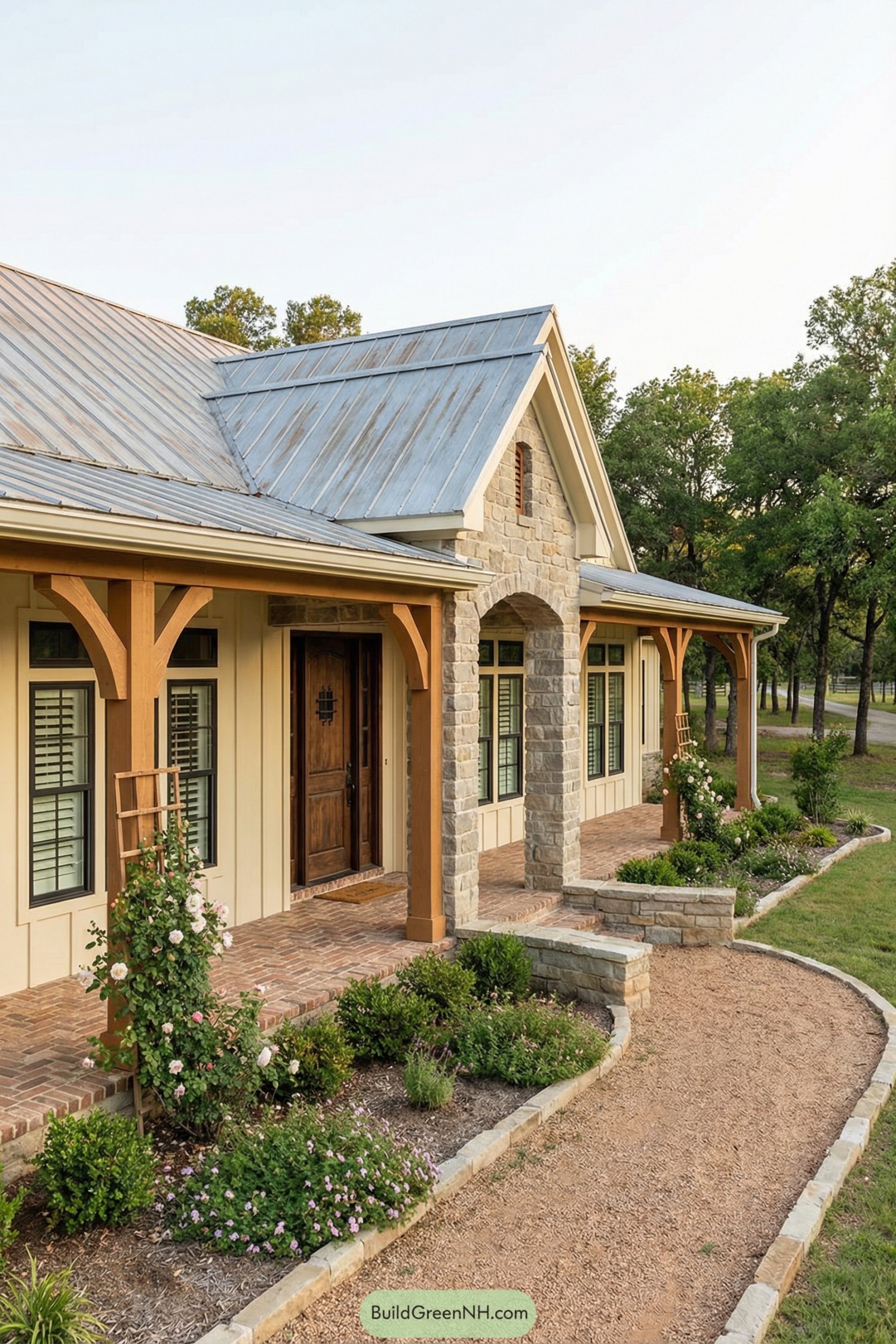 Ranch style barndominium with stone porch and metal roof