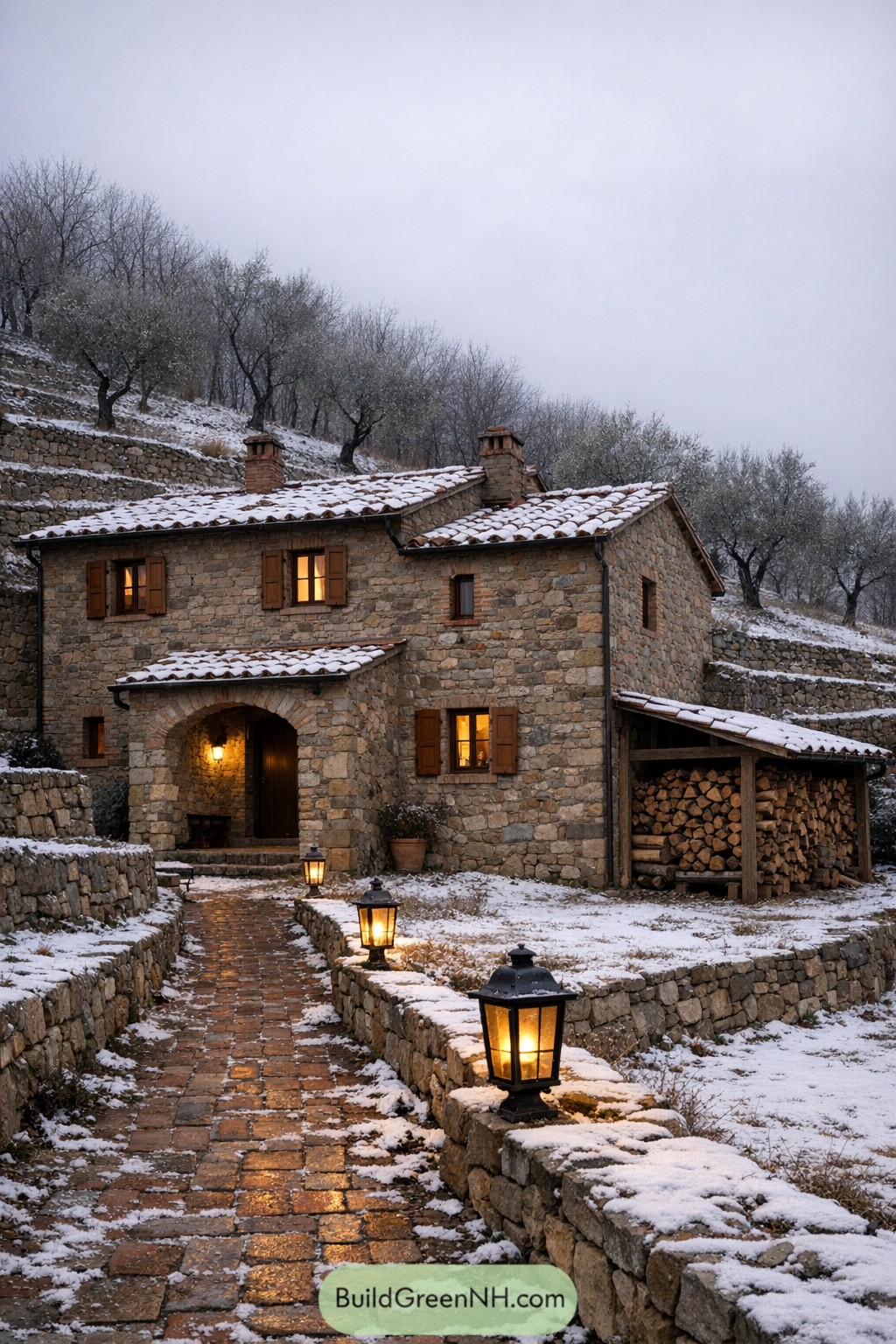 Stone farmhouse on snowy terraced Tuscan slope at dusk