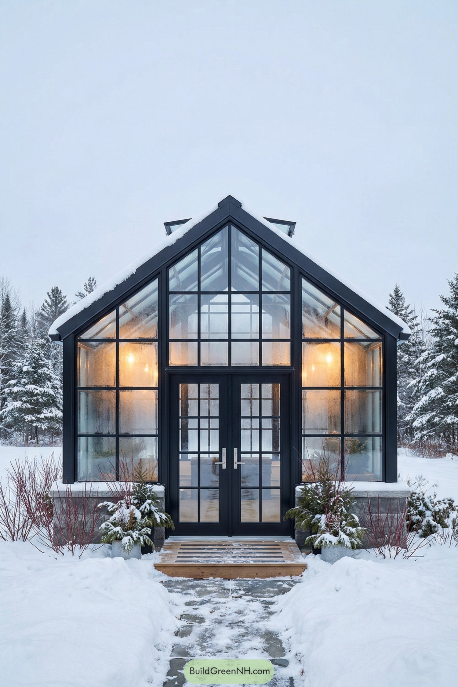 Black framed glass garden house in snowy landscape