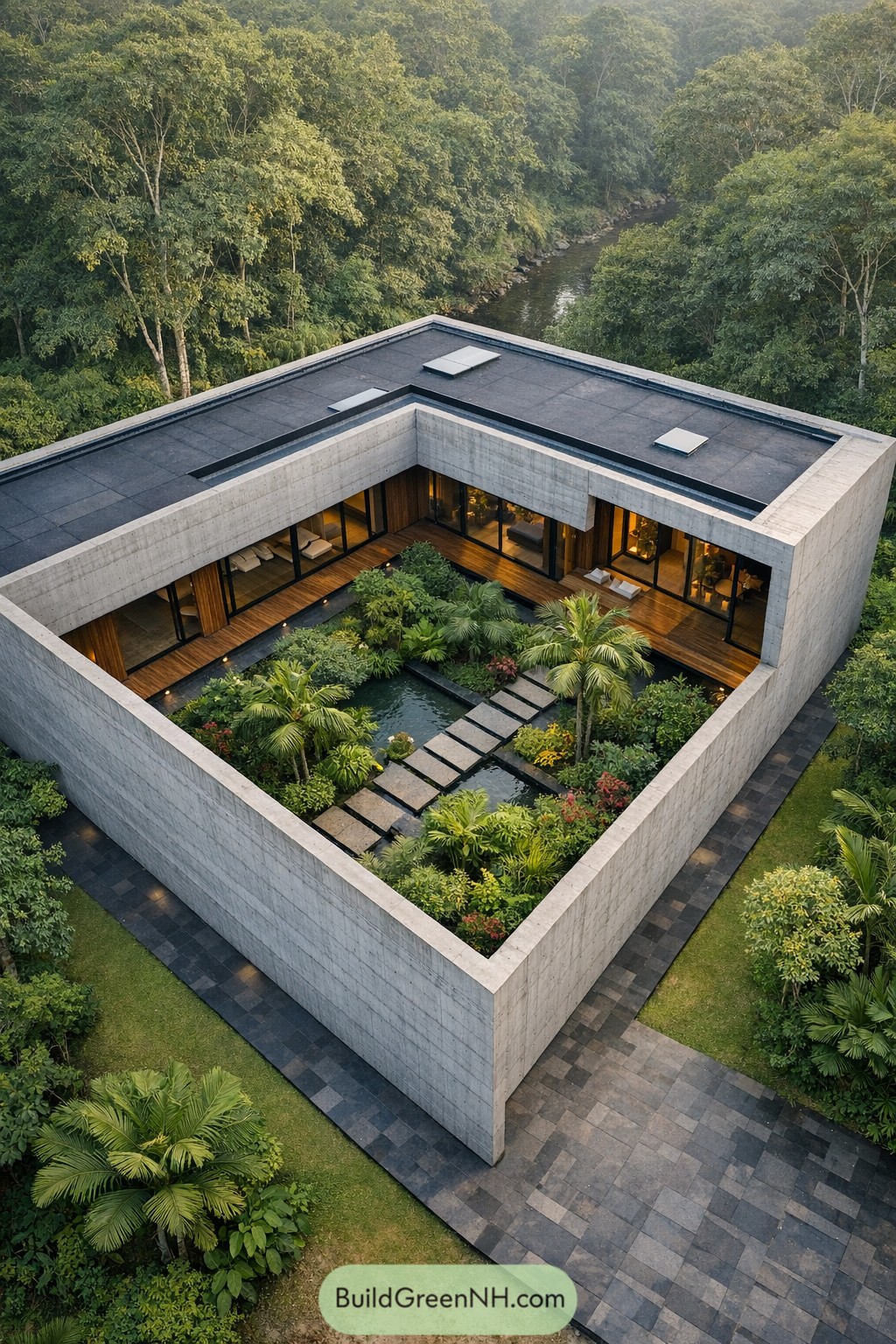Square concrete home with lush central courtyard