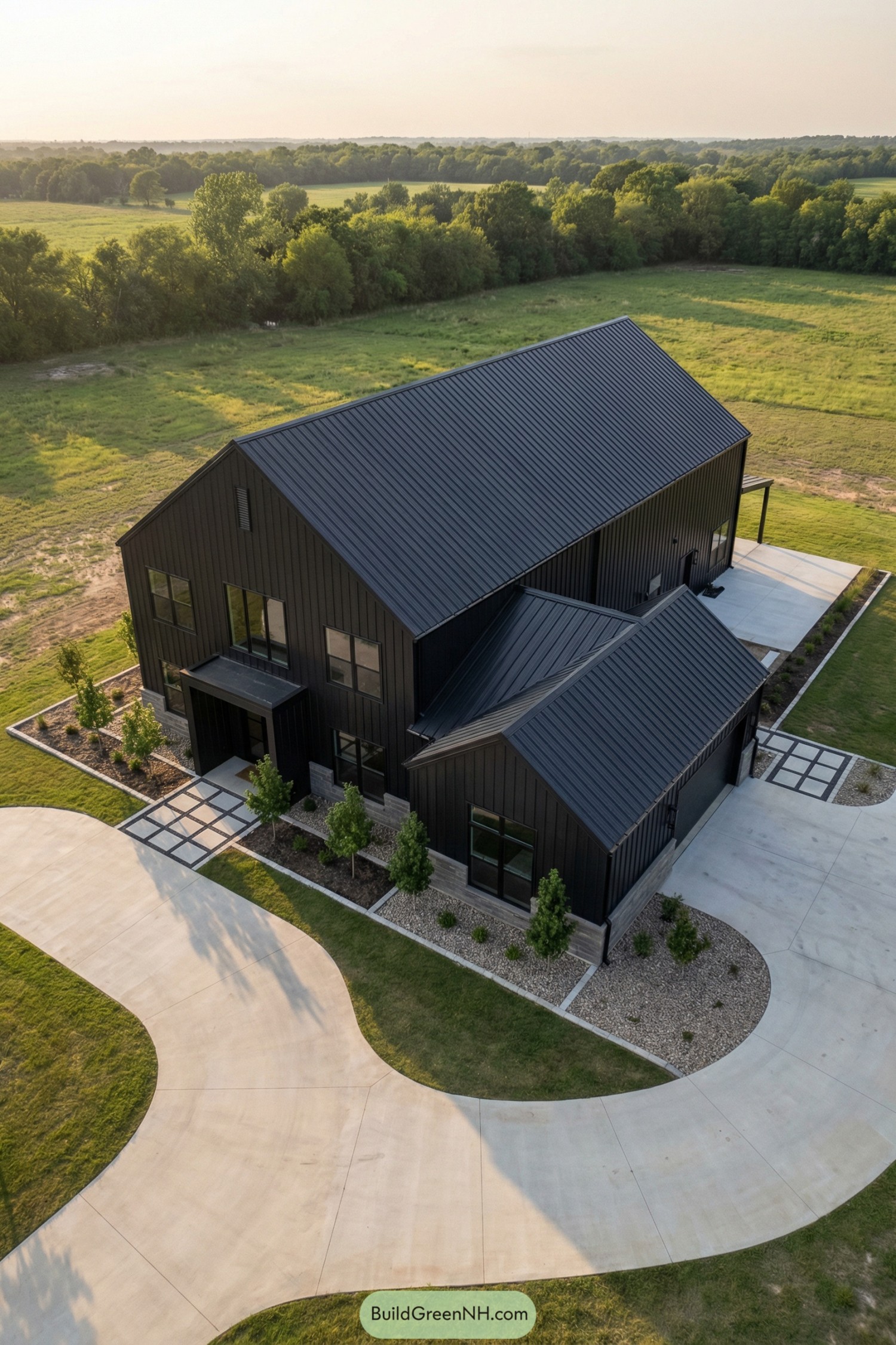Black metal barndominium with long gabled roof set in open green fields