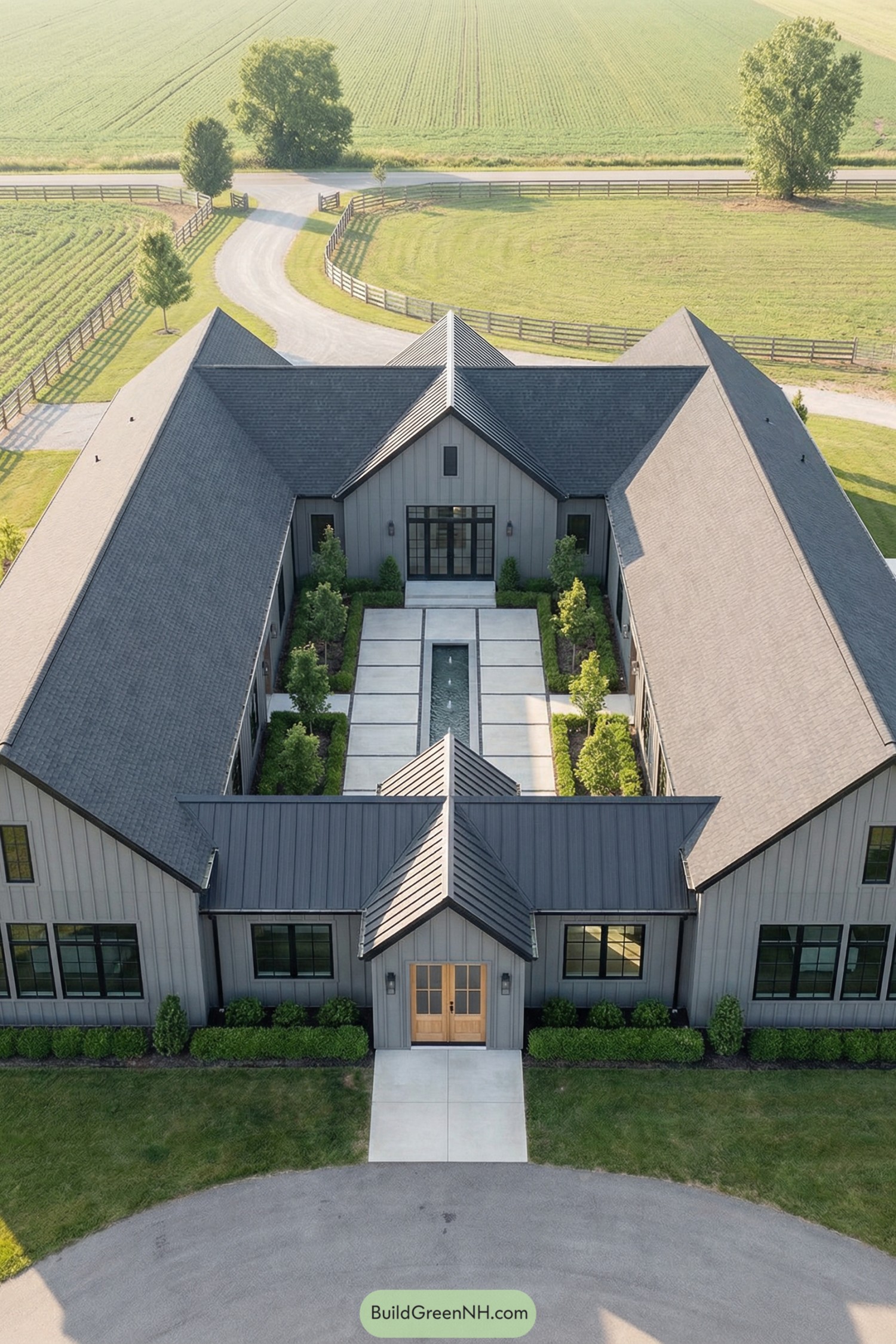 Aerial view of a grey barndominium with a landscaped central courtyard and reflecting pool