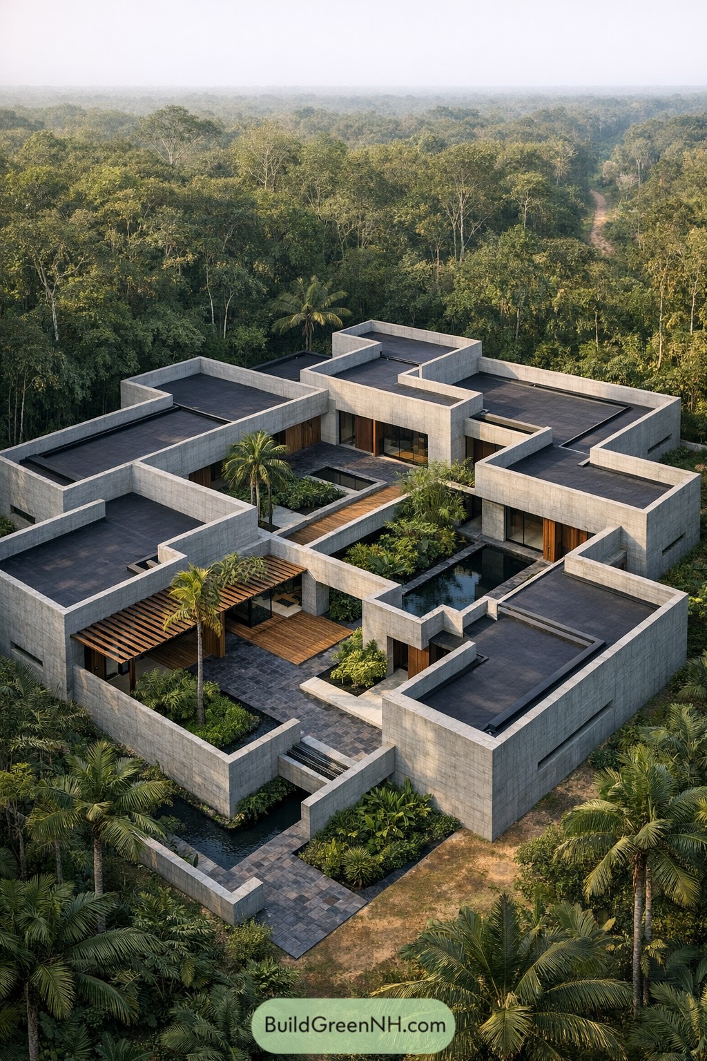 A sprawling concrete jungle home with layered courtyards and water features set deep in tropical forest