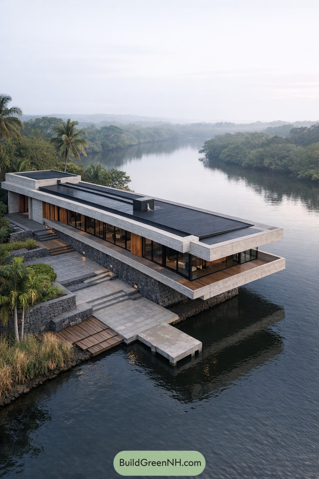 Long linear concrete house cantilevered over a calm tropical river