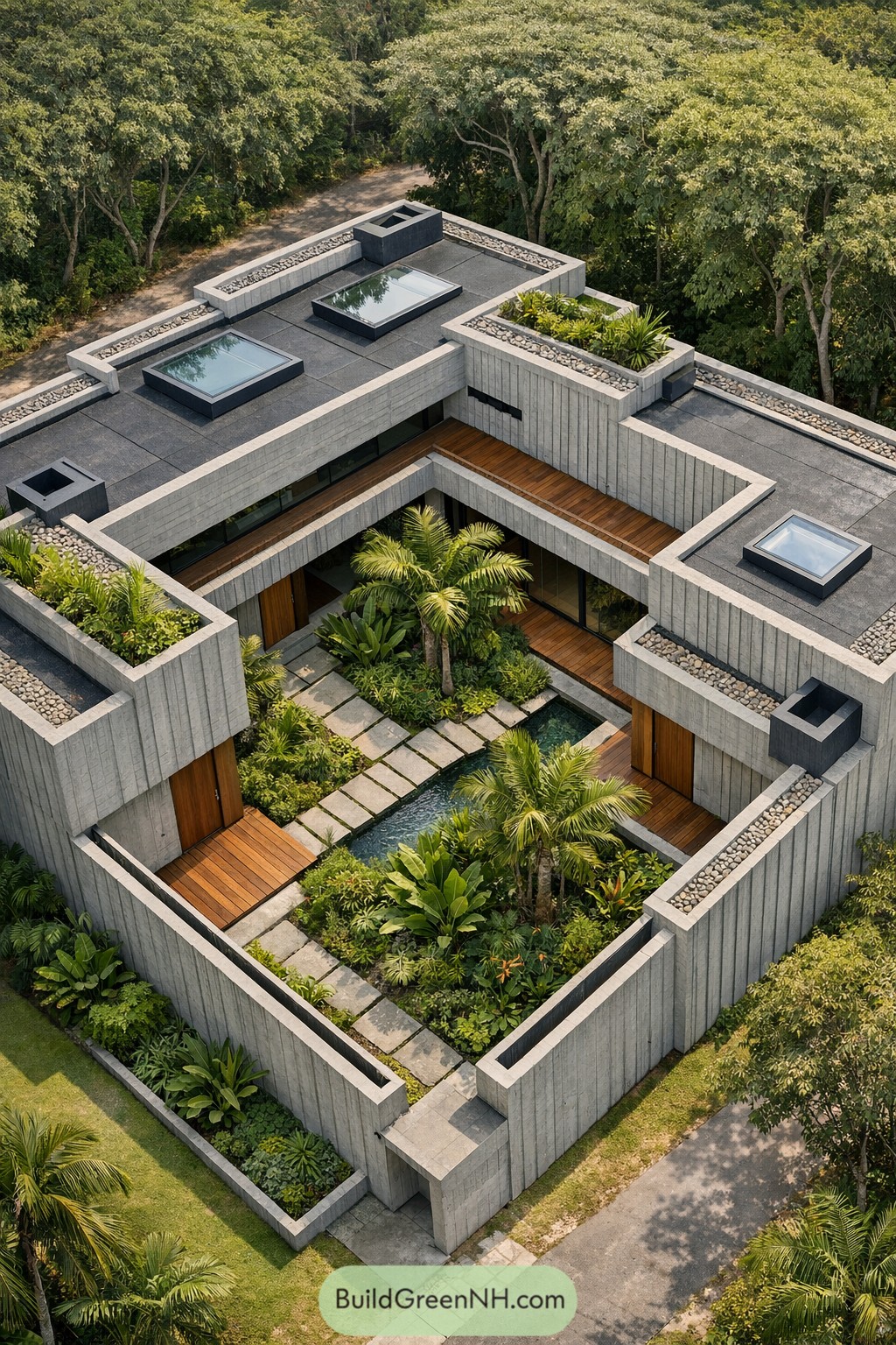 A tiered concrete home encircling a lush tropical courtyard with pool