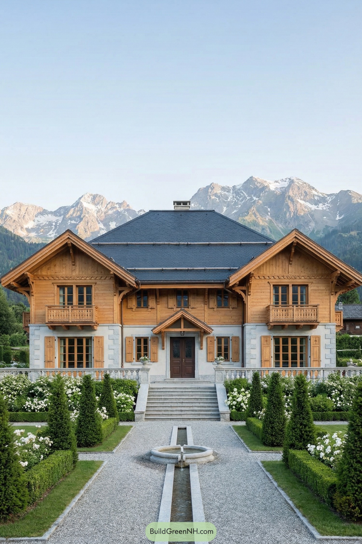 Alpine château garden mansion with timber balconies, carved brackets, and a stone base rising from terraced grounds; palette of warm honey wood, light gray stone, and deep slate roof tones; tall central block with symmetrical wings and pronounced gables; stone lower story with timber upper cladding and intricate woodwork; steep slate roof with wide eaves and snow-guard lines; large multi-pane windows with wood frames and decorative shutters; central double doors in dark wood beneath a small gabled canopy; terraced stone stairs descending to a straight gravel axis with a narrow rill and a small sculpted basin; structured garden with clipped hedges, white flowers, and evenly spaced conifers; mountain backdrop under clear, crisp air and bright but soft light, single real-life photo, high-resolution, architectural photography, soft lighting, cinematic composition, strictly no collages.