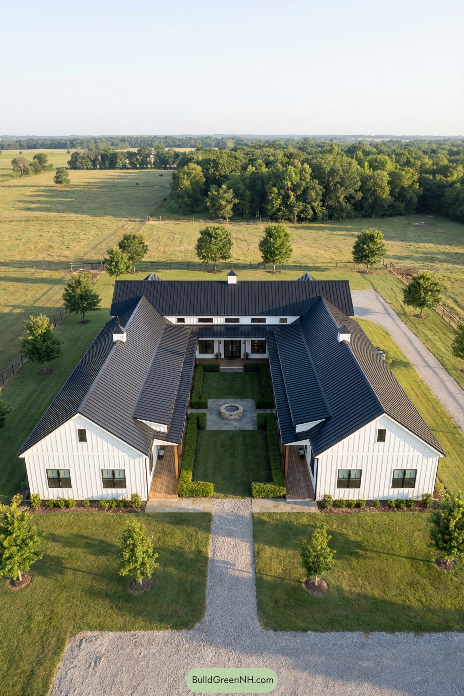 Aerial view of a U shaped white ranch barndominium with black metal roof and central courtyard fire pit