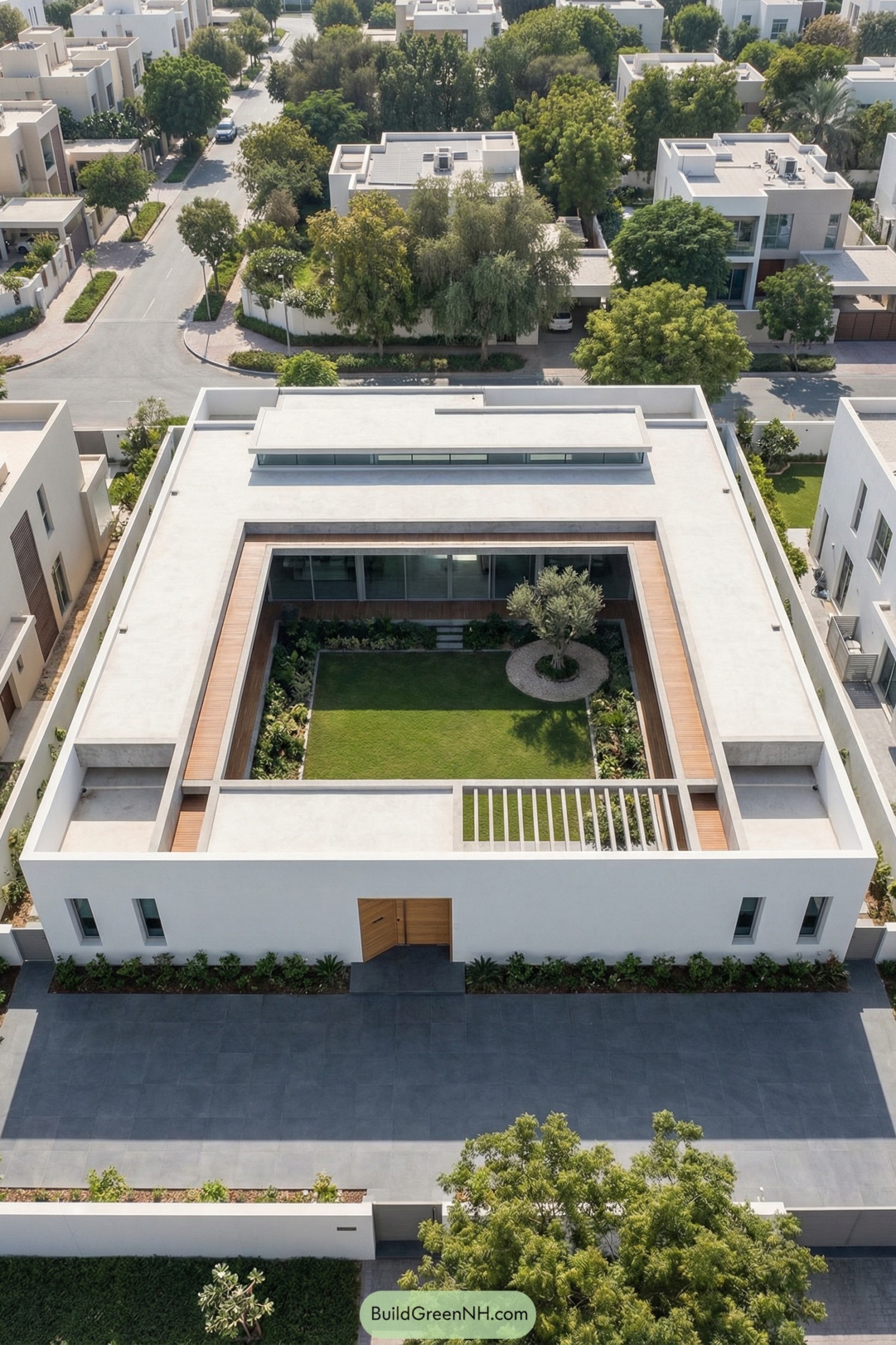 Modern white courtyard house with central lawn garden and single tree viewed from above