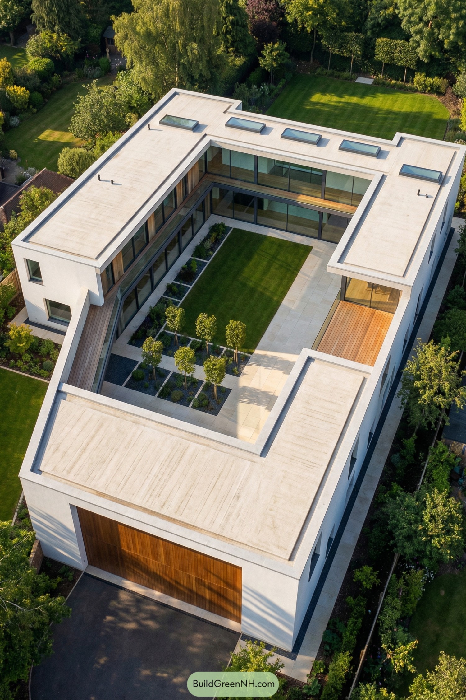 Modern U shaped house with glazed walls enclosing a central lawn courtyard and small trees. Light colored flat roof with skylights and a tall wood garage door surrounded by landscaped gardens