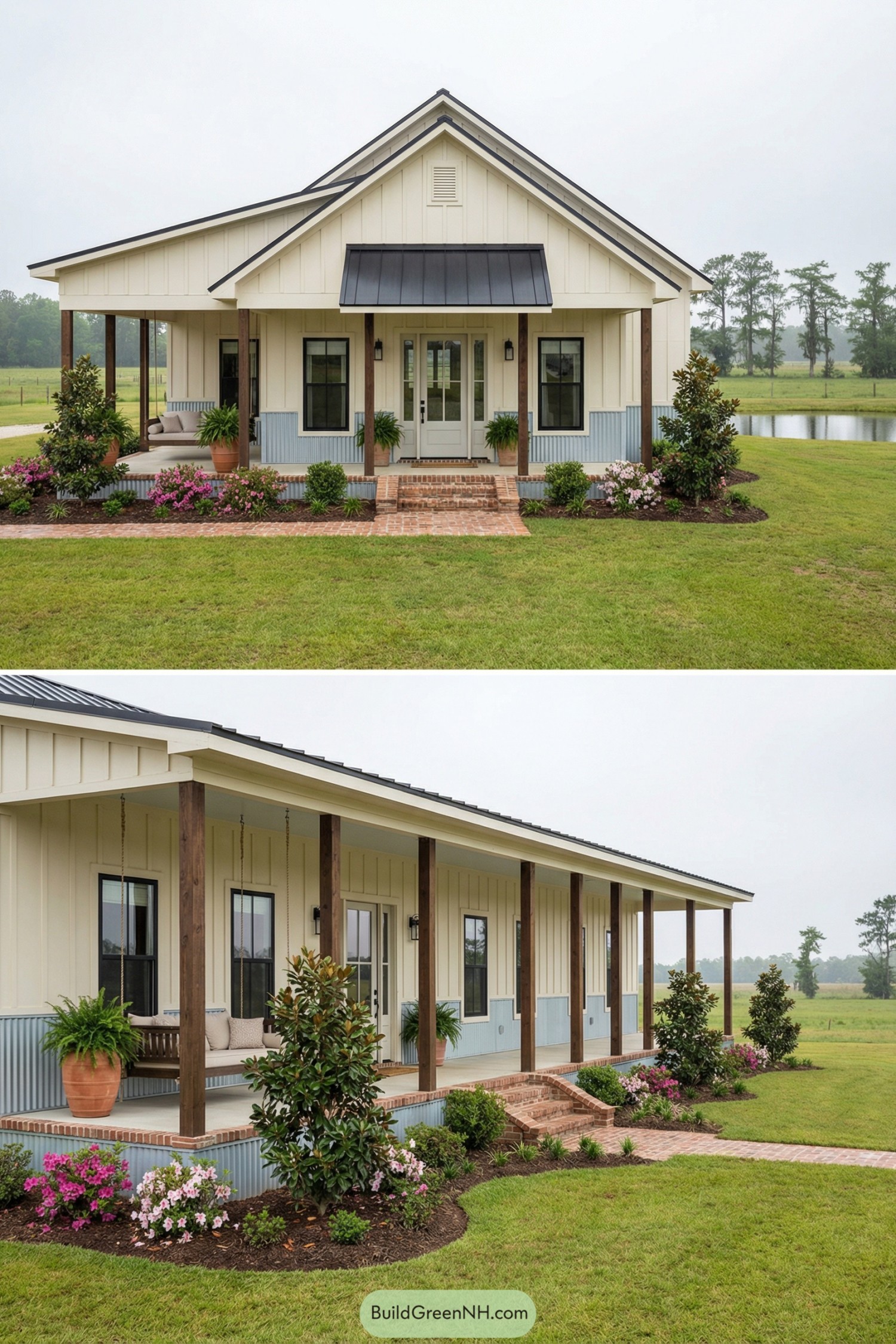 Ranch barndominium with long covered porch and landscaped front yard