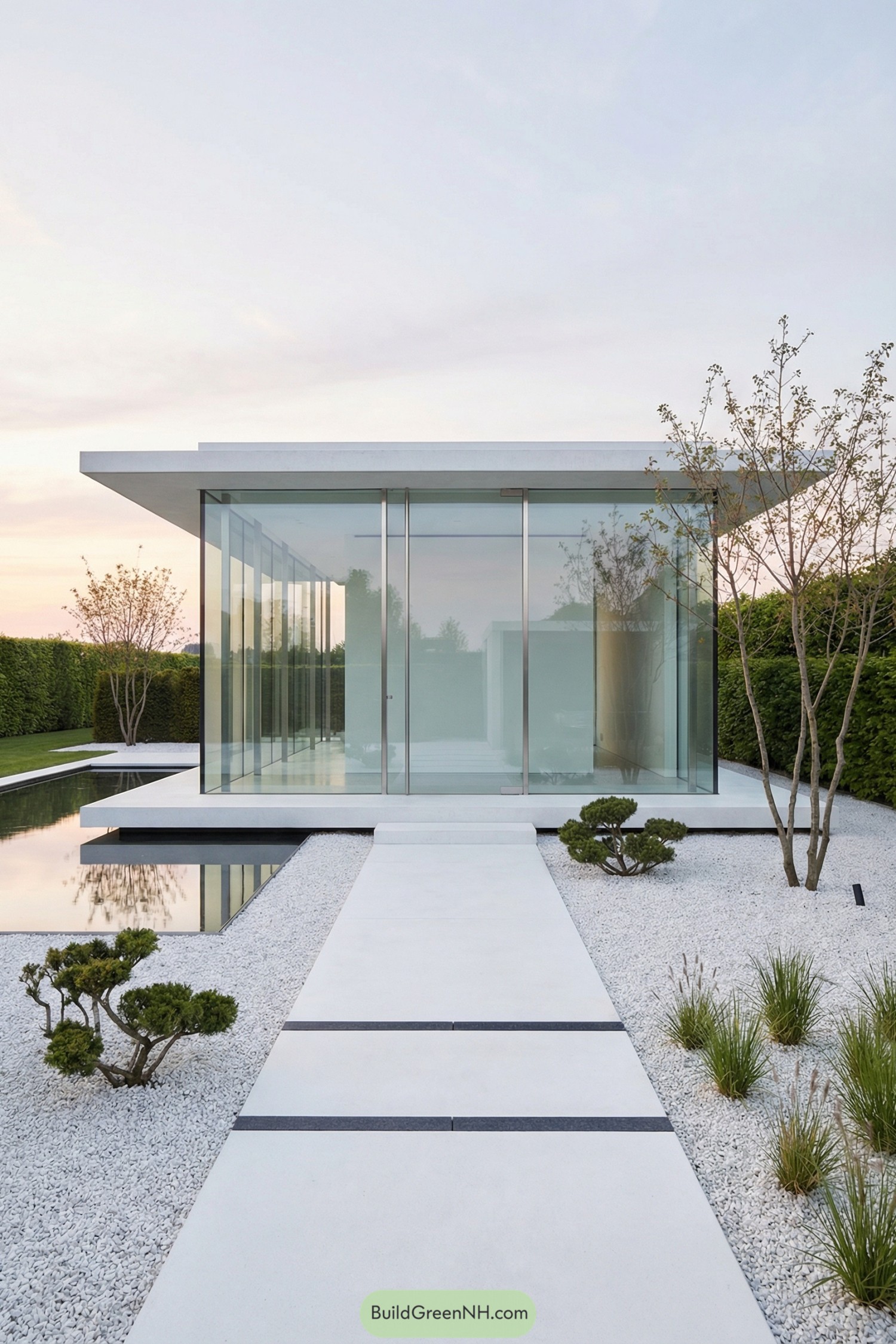 Minimal glass garden house beside reflecting pool