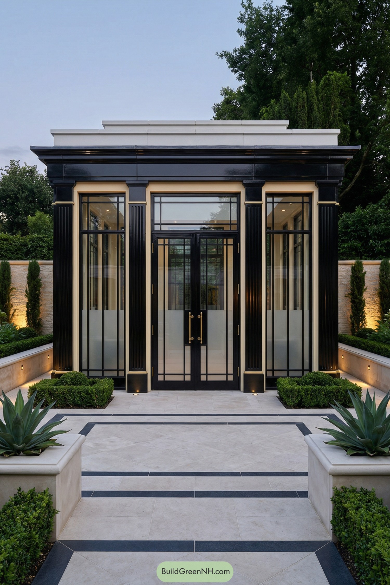 Black framed glass garden pavilion in formal yard