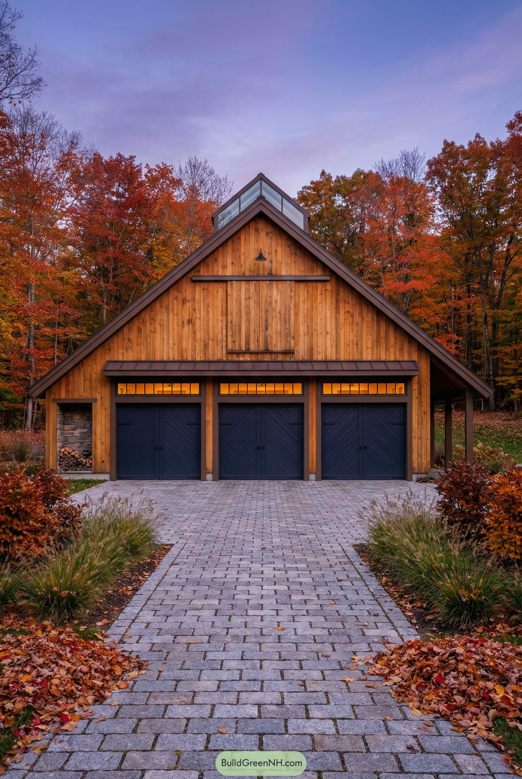 Wooden barn style three bay garage with dark doors and glass clerestory surrounded by fall trees