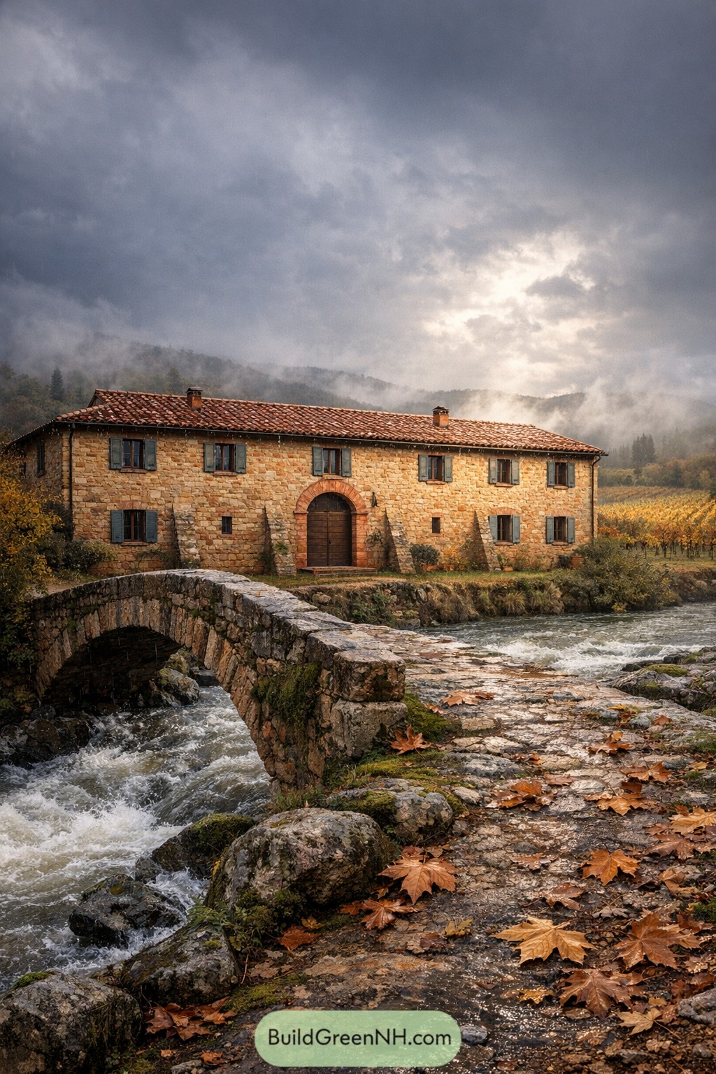 Rustic Tuscan farmhouse beside a stone bridge over a rushing river in autumn