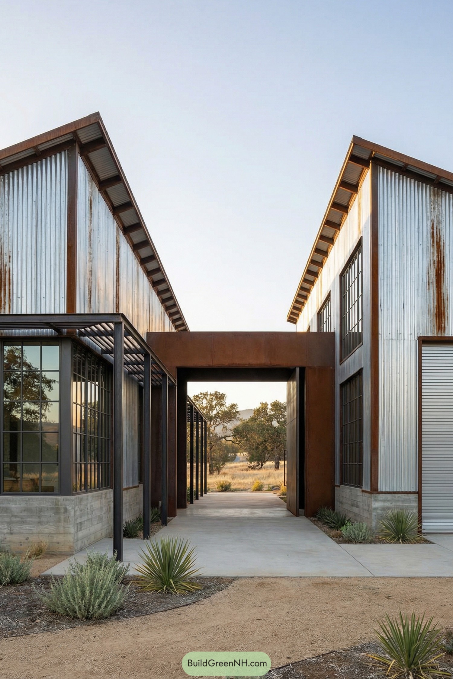 Metal barndominium with central breezeway walkway
