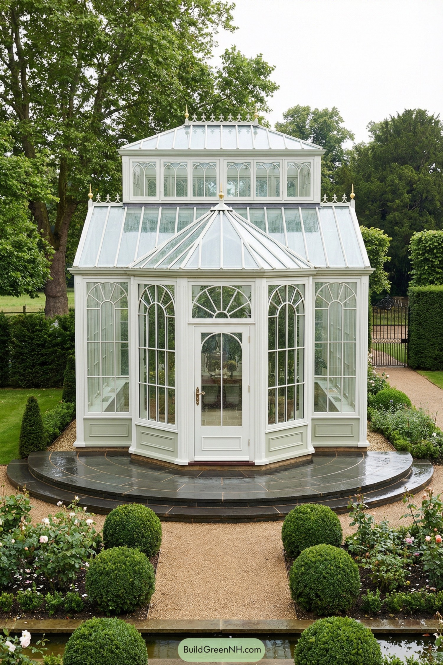 An ornate Victorian conservatory-style glass garden house with an elaborate façade of arched glazing bays, decorative cresting, and slender white-painted ribs; the palette is bright white with subtle pale-sage undertones and small gold finial details; the structure forms a faceted polygonal front projecting from a rectangular body, creating a jewel-box silhouette; materials include painted cast-aluminum or steel members, curved glass in the arches, and a dark stone perimeter curb; the roof is a steep, many-faceted glazed roof with a central ridge and small decorative vents; windows are tall, arched, and segmented with fine muntin patterns, including a band of clerestory panes; the door is a single arched glazed door with a matching fanlight and ornate handle set; a semicircular stone terrace with concentric joints frames the façade, connected to a garden via a straight crushed-stone path; landscaping features symmetrical topiary spheres, formal rose beds, and a low reflecting rill aligned to the entry; the surrounding environment shows mature plane trees, trimmed yew hedges, and a distant wrought-iron gate; the setting is calm after rain with glossy paving highlights and crisp reflections in the curved glass, single real-life photo, high-resolution, architectural photography, soft lighting, cinematic composition, strictly no collages.