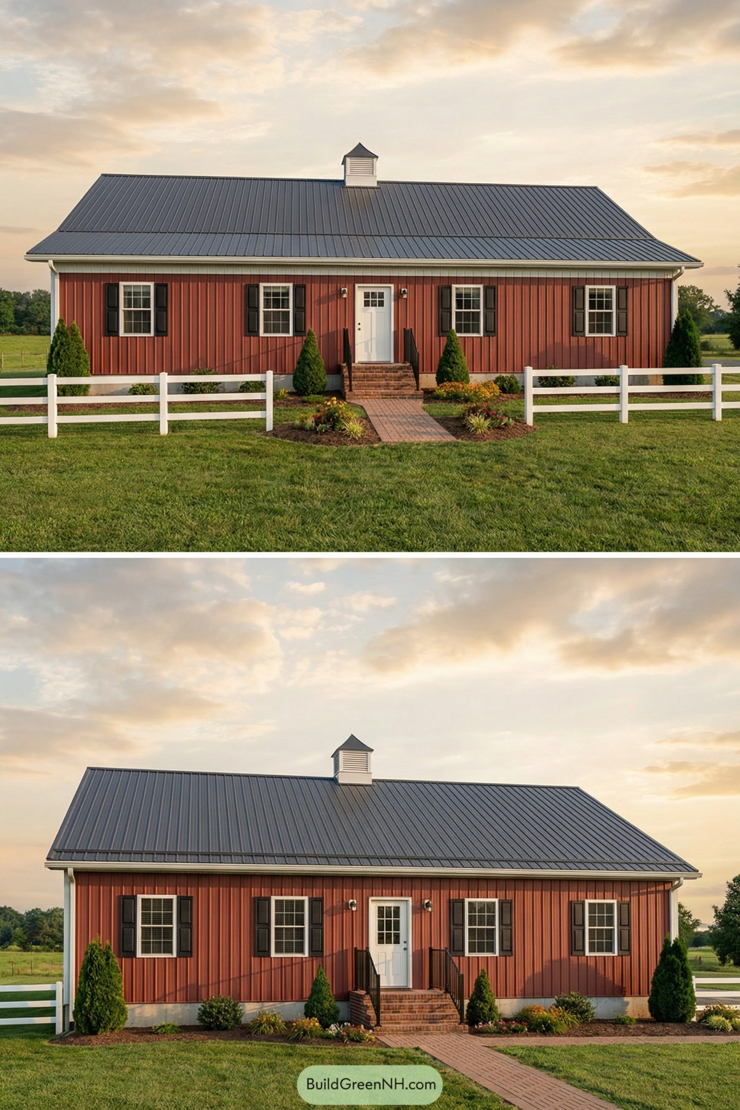 Red ranch barndominium with metal roof, central brick walkway, and simple front landscaping framed by a white fence