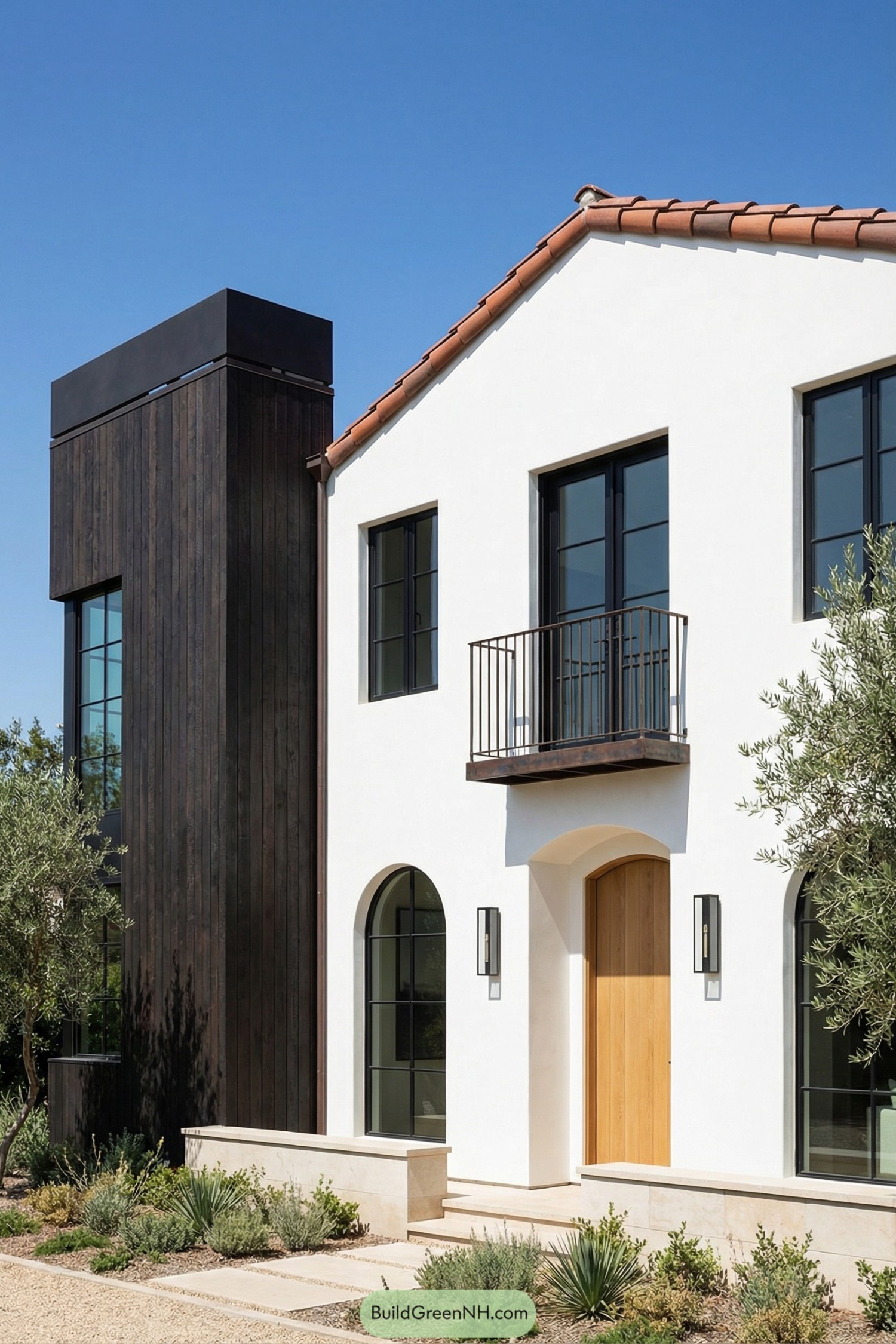 Modern white stucco Mediterranean house with black-framed windows and a tall dark wood tower