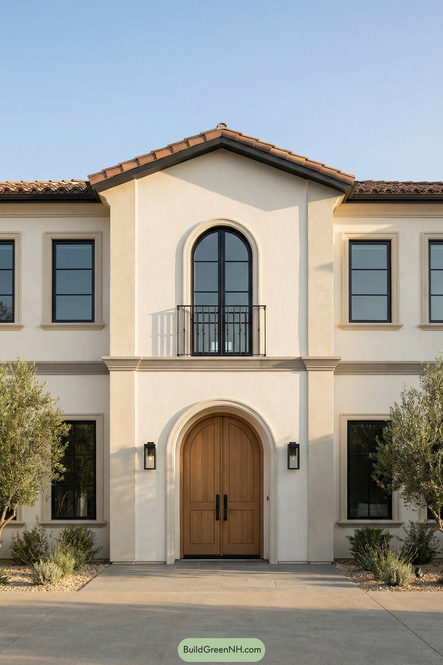 Two story Spanish Mediterranean home with arched wood door and balcony