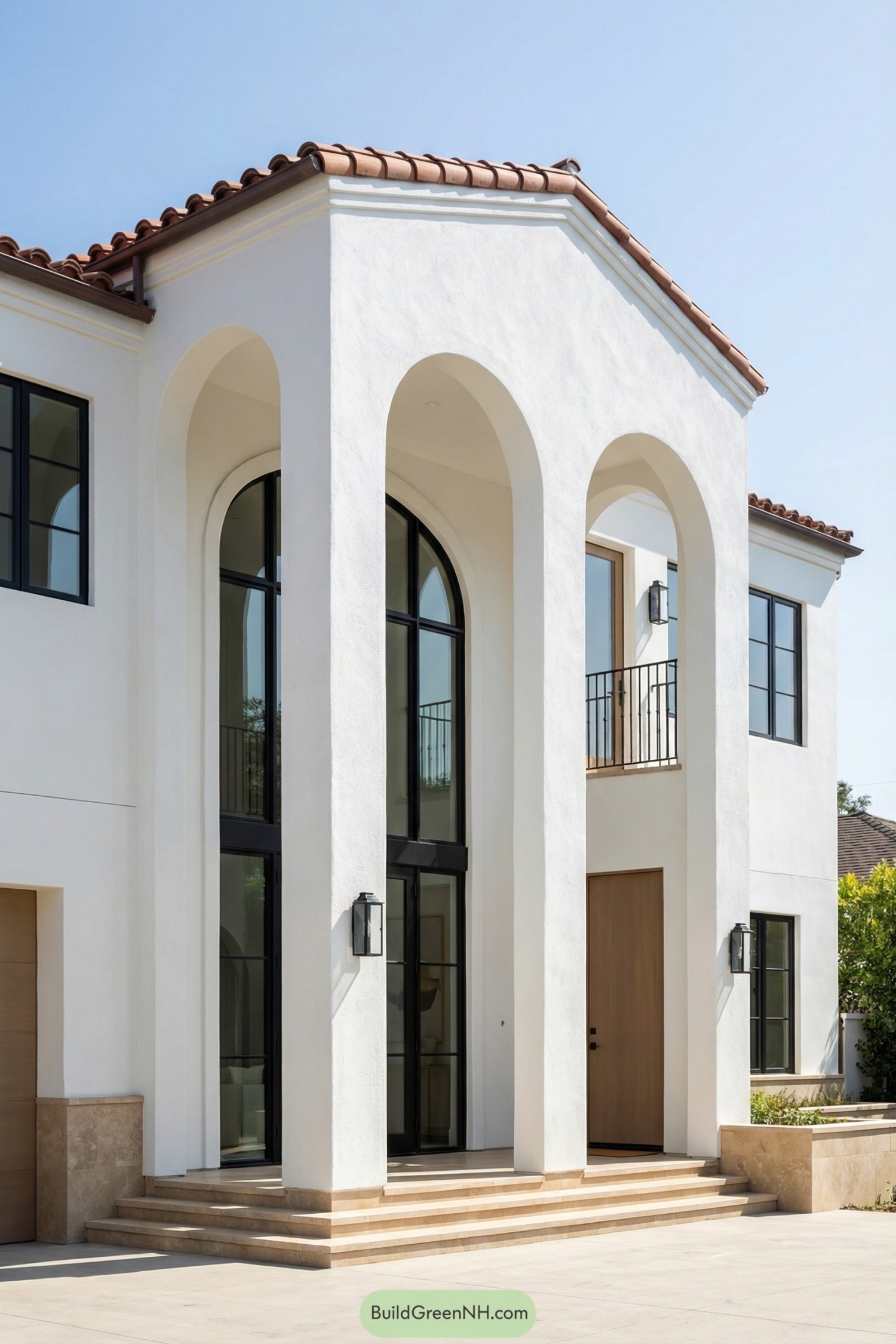 White stucco Mediterranean house with tall arched portico and black framed glass doors