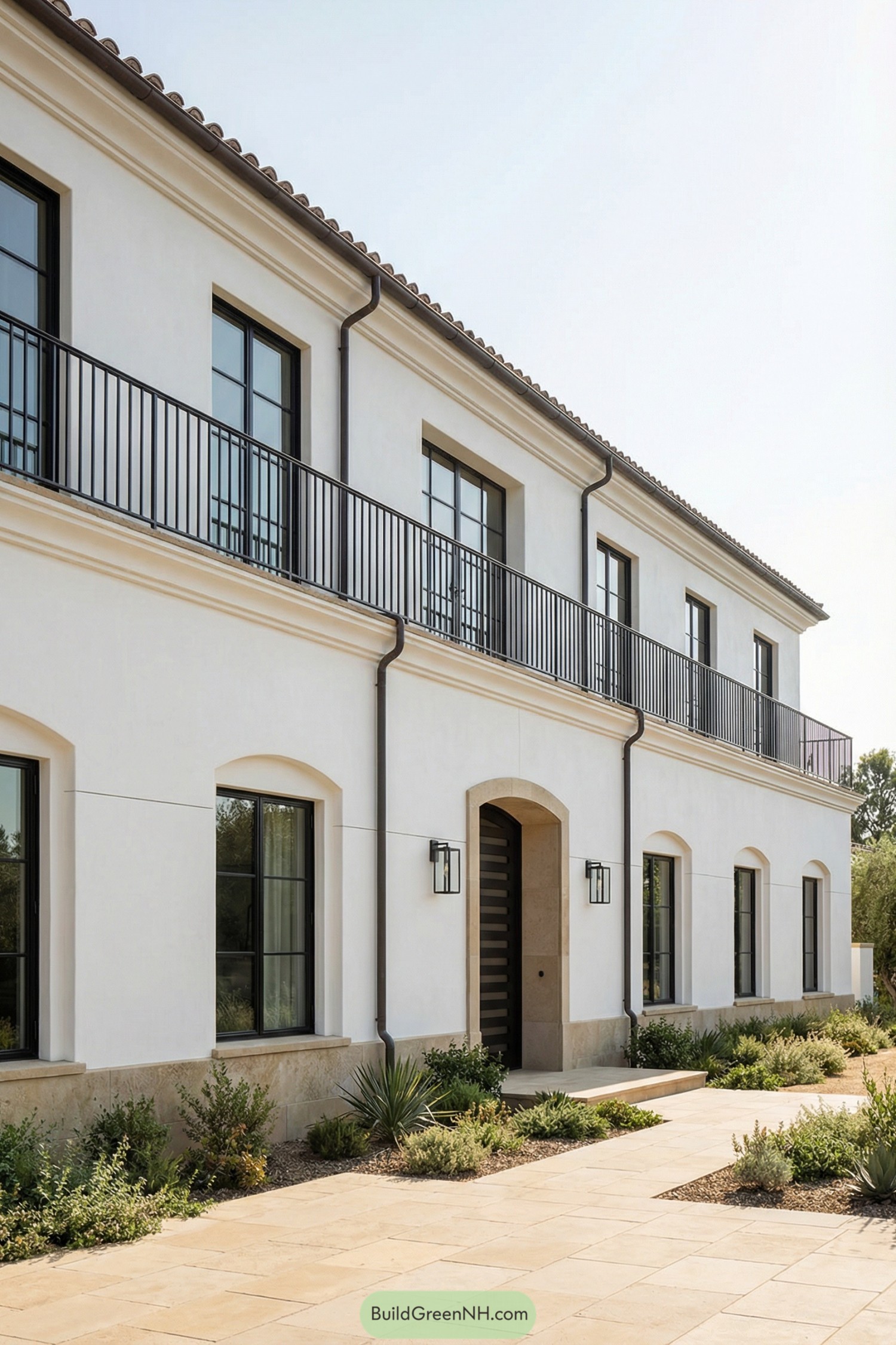 White two-story Mediterranean house with long iron balcony and arched windows