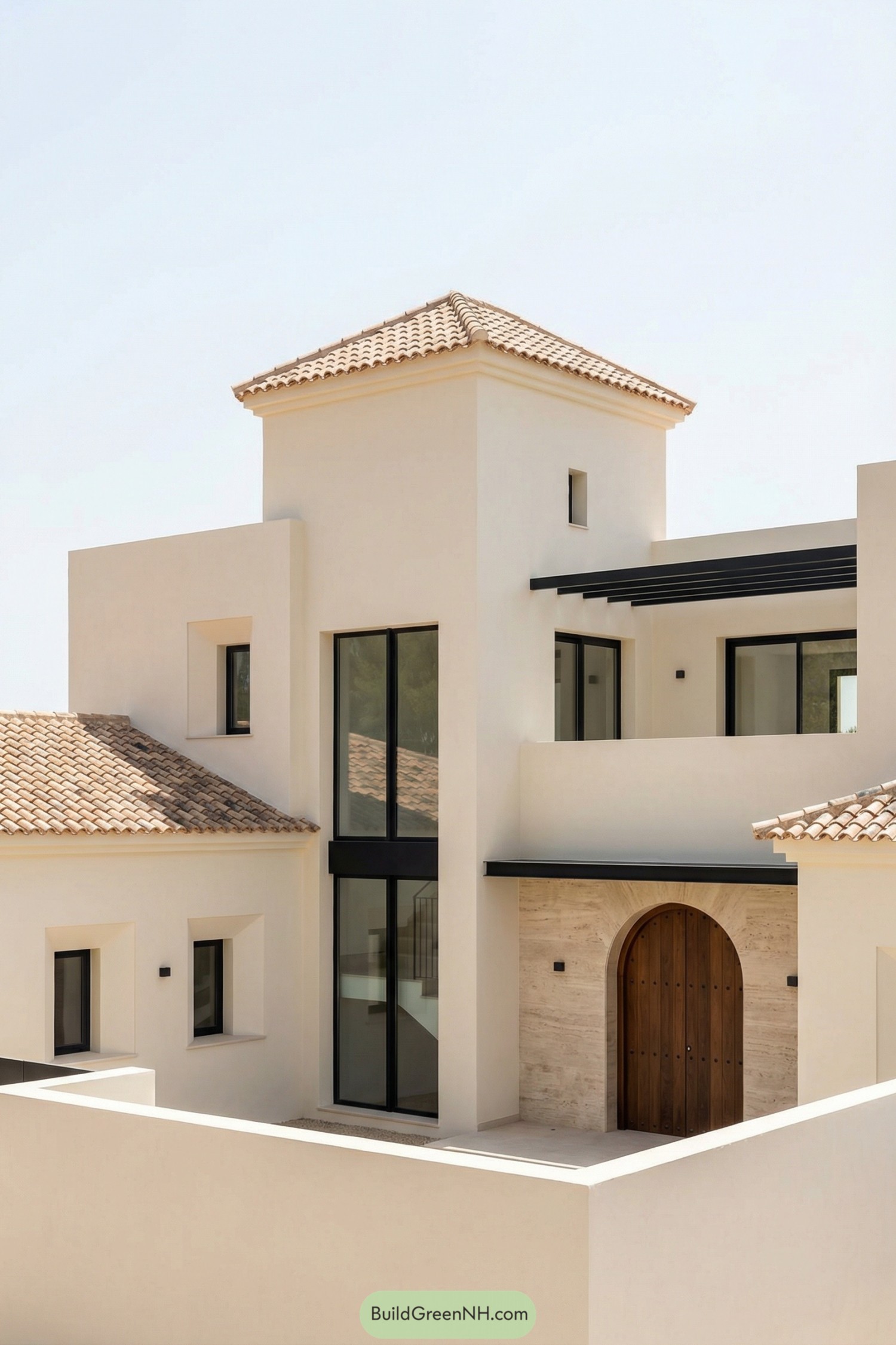 Modern Spanish Mediterranean villa with tower and arched wooden door