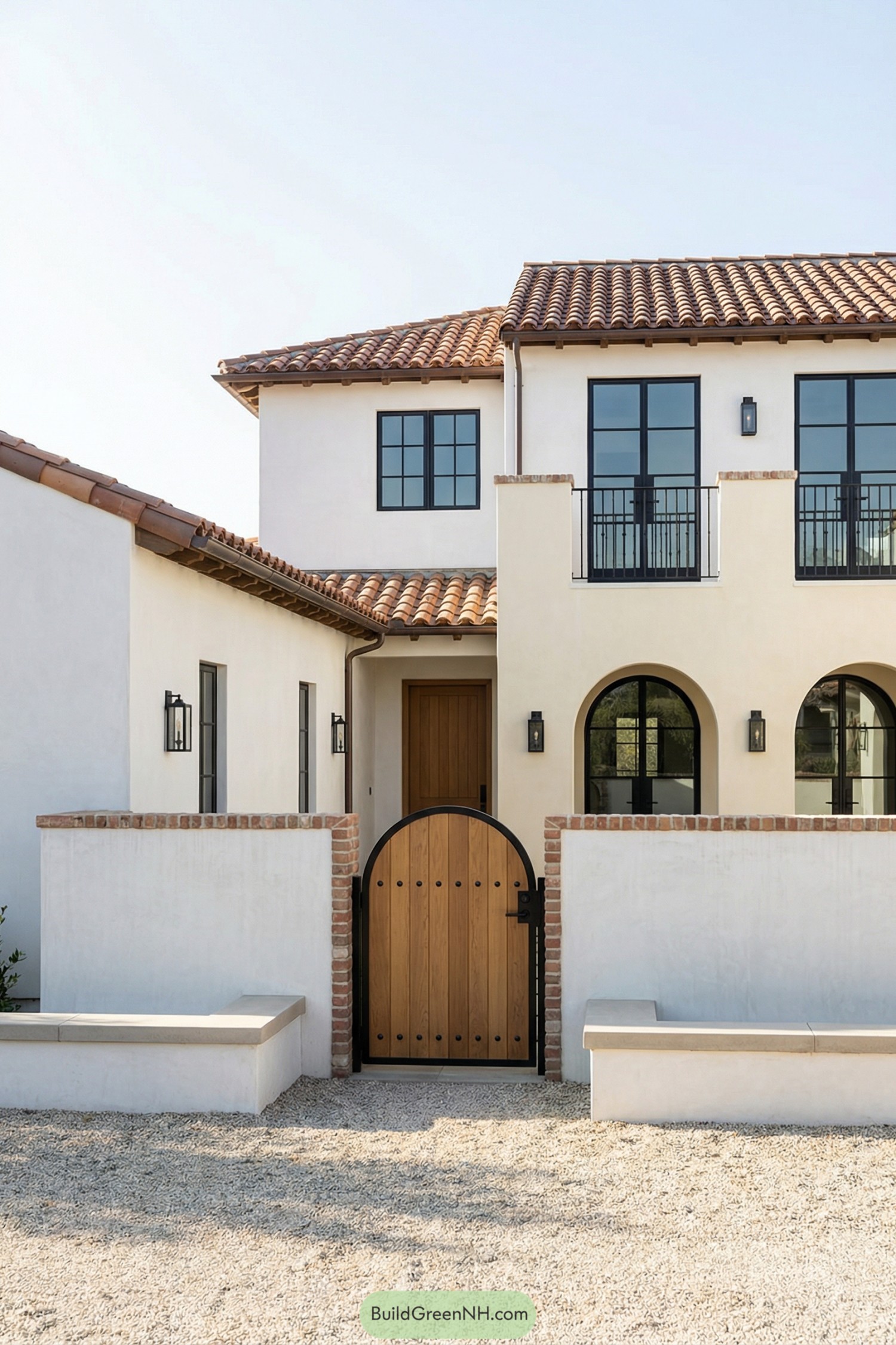 Two story stucco Mediterranean home with arched wood gate and clay tile roof. Black framed windows and low white courtyard walls with brick caps