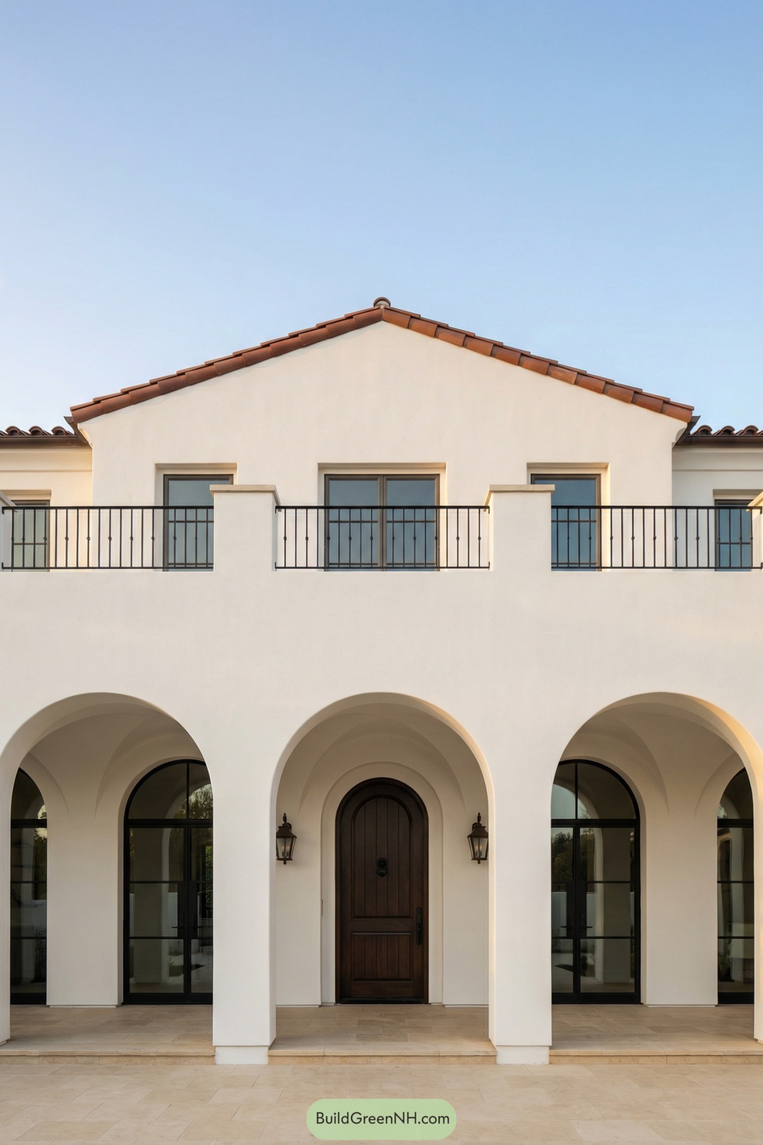 White stucco Mediterranean house with tall arches, dark wood entry door, and second floor balcony under a terracotta tile roof