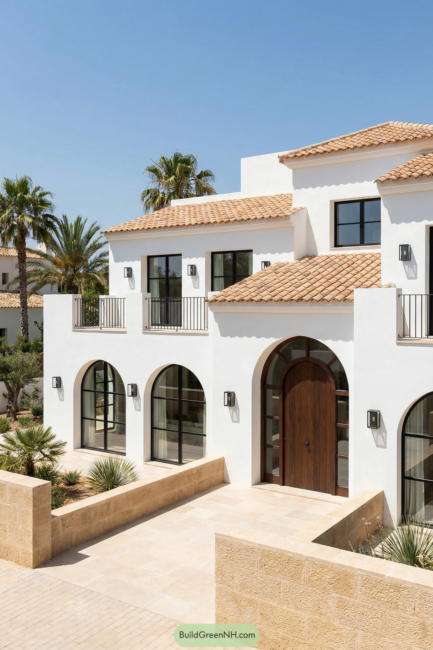 White stucco Mediterranean house with arches, balconies, and terracotta tile roof
