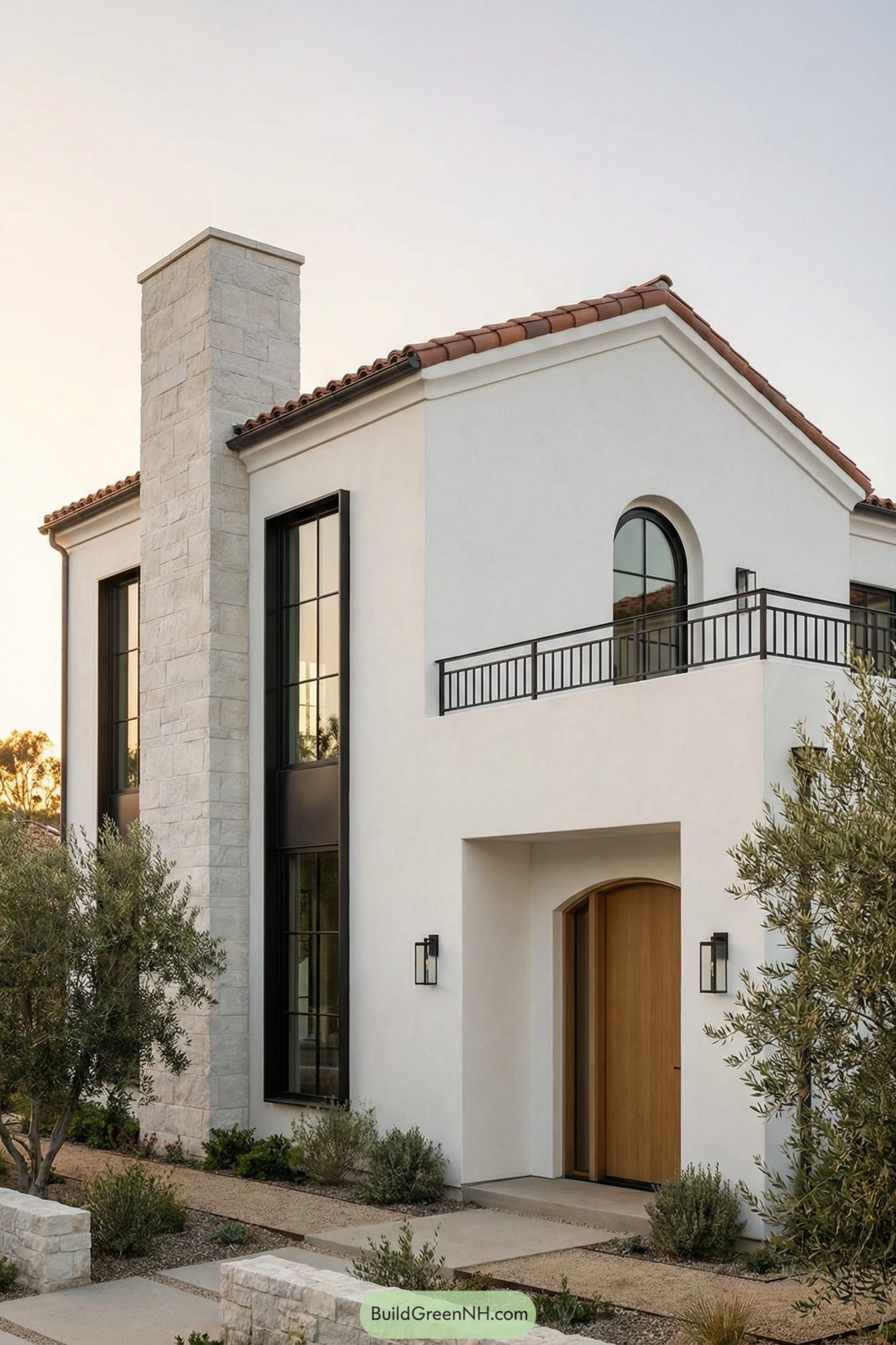 Two story white stucco Mediterranean style home with tall black framed windows stone chimney and arched balcony above a wood front door