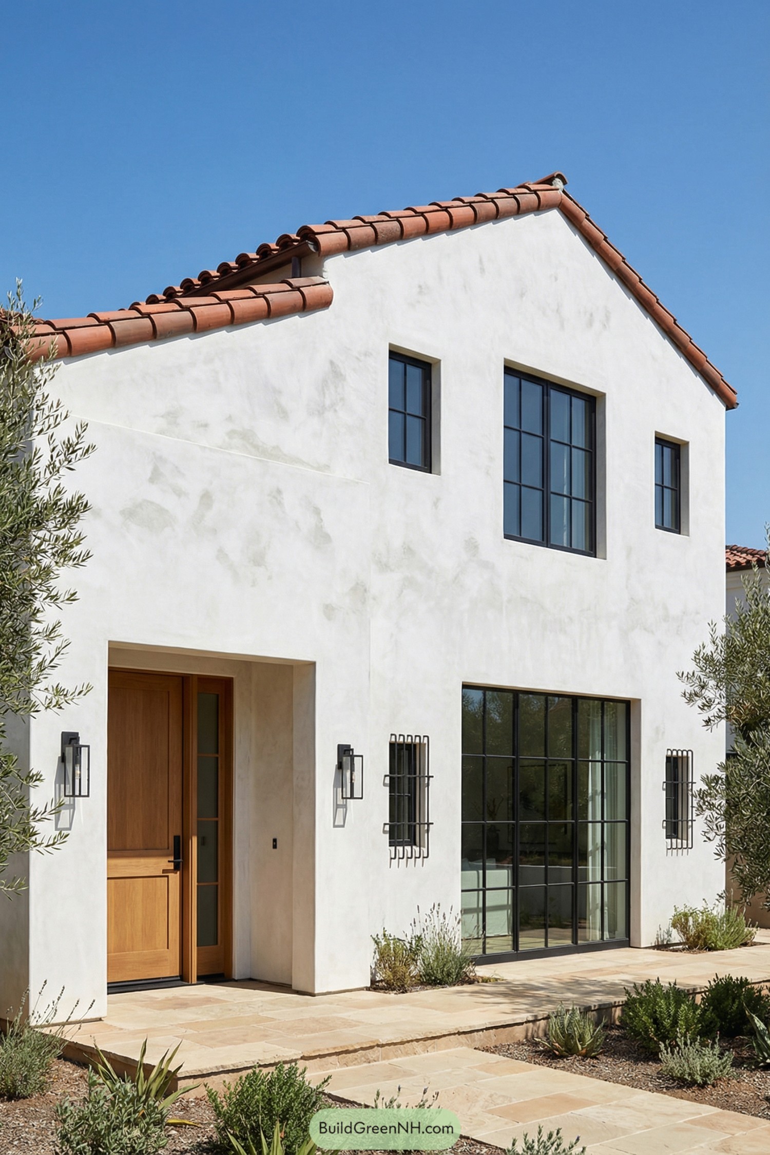 Modern white stucco Mediterranean home with red tile roof, large black framed windows, and a warm wood front door