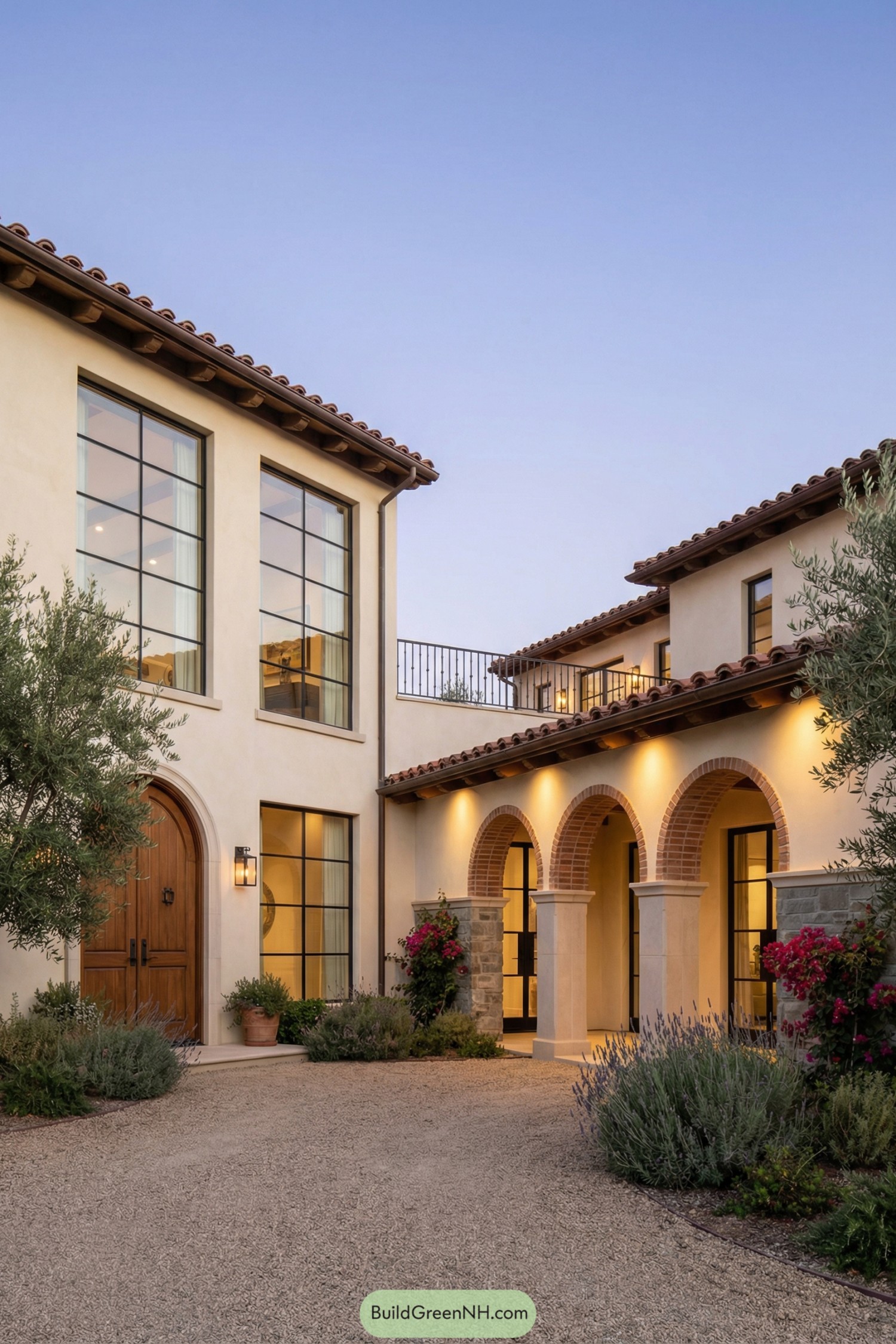 Mediterranean courtyard home with arches and tall windows