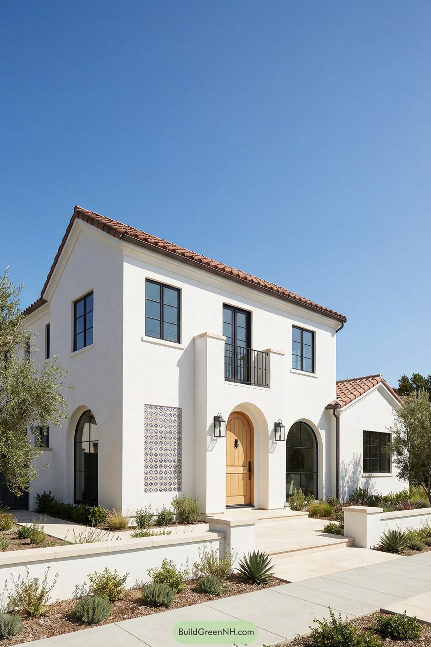 White stucco Mediterranean style house with terra cotta roof, arched windows, and simple drought tolerant landscaping