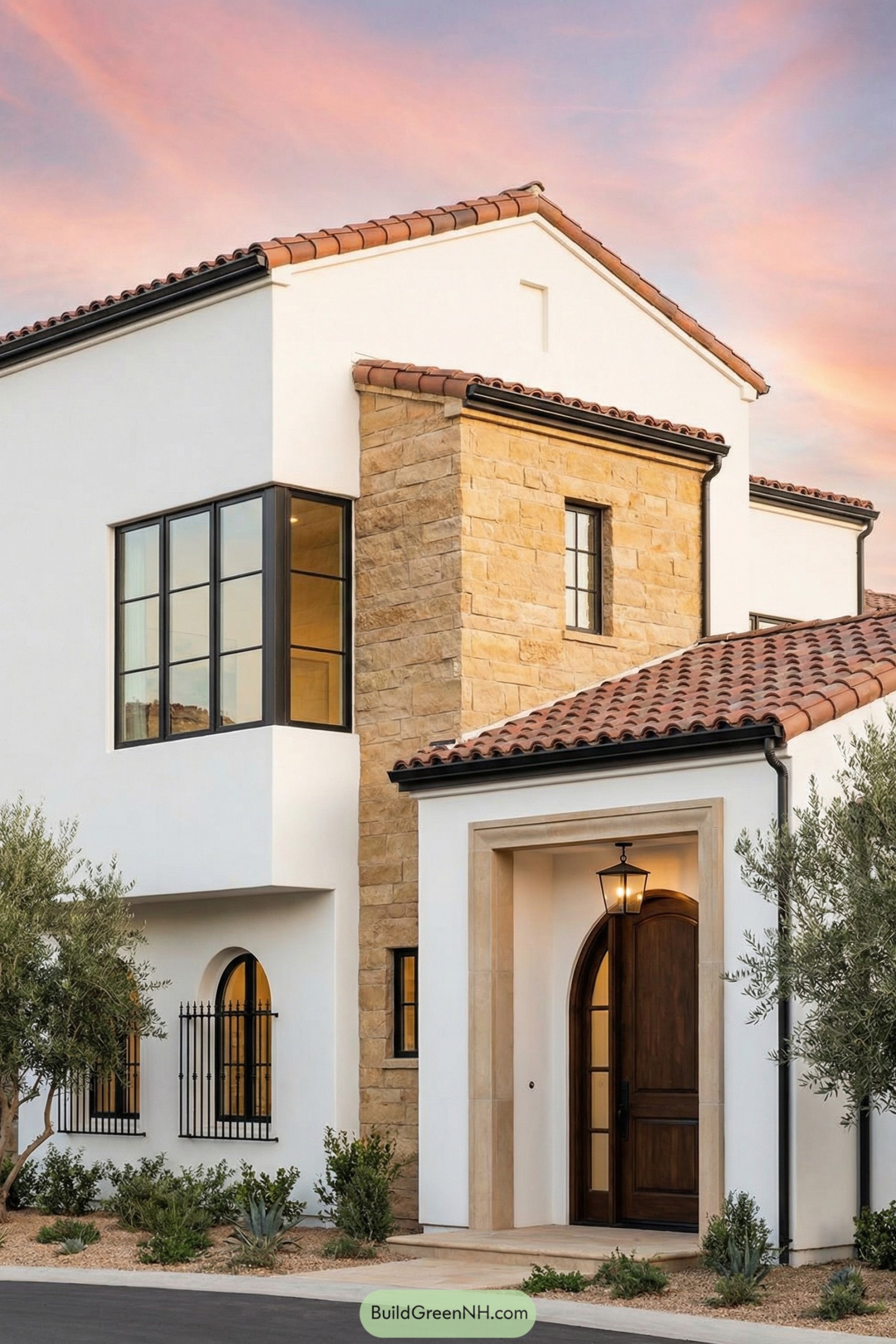 Architecture design of a modern Spanish Mediterranean house with a façade combining white stucco volumes and a prominent central bay clad in warm, textured stone, topped by a terracotta-tile shed roof element; colors of bright white, caramel stone, clay red, and black trim; composition of stacked rectangular forms with a recessed upper terrace line and a projecting stone-framed entry; materials of smooth stucco, split-face sandstone cladding, and dark metal coping; mixed roofscape with a primary gable in barrel tile and a secondary low-slope tile roof over the entry bay; expansive black-framed corner windows on the upper level paired with smaller arched windows below; a tall arched door in dark-stained wood with a narrow glazed sidelight; black wrought-iron grille details integrated into select lower windows and a simple lantern pendant visible within the entry recess, single photo, high-resolution, architectural photography, strictly no collages.
