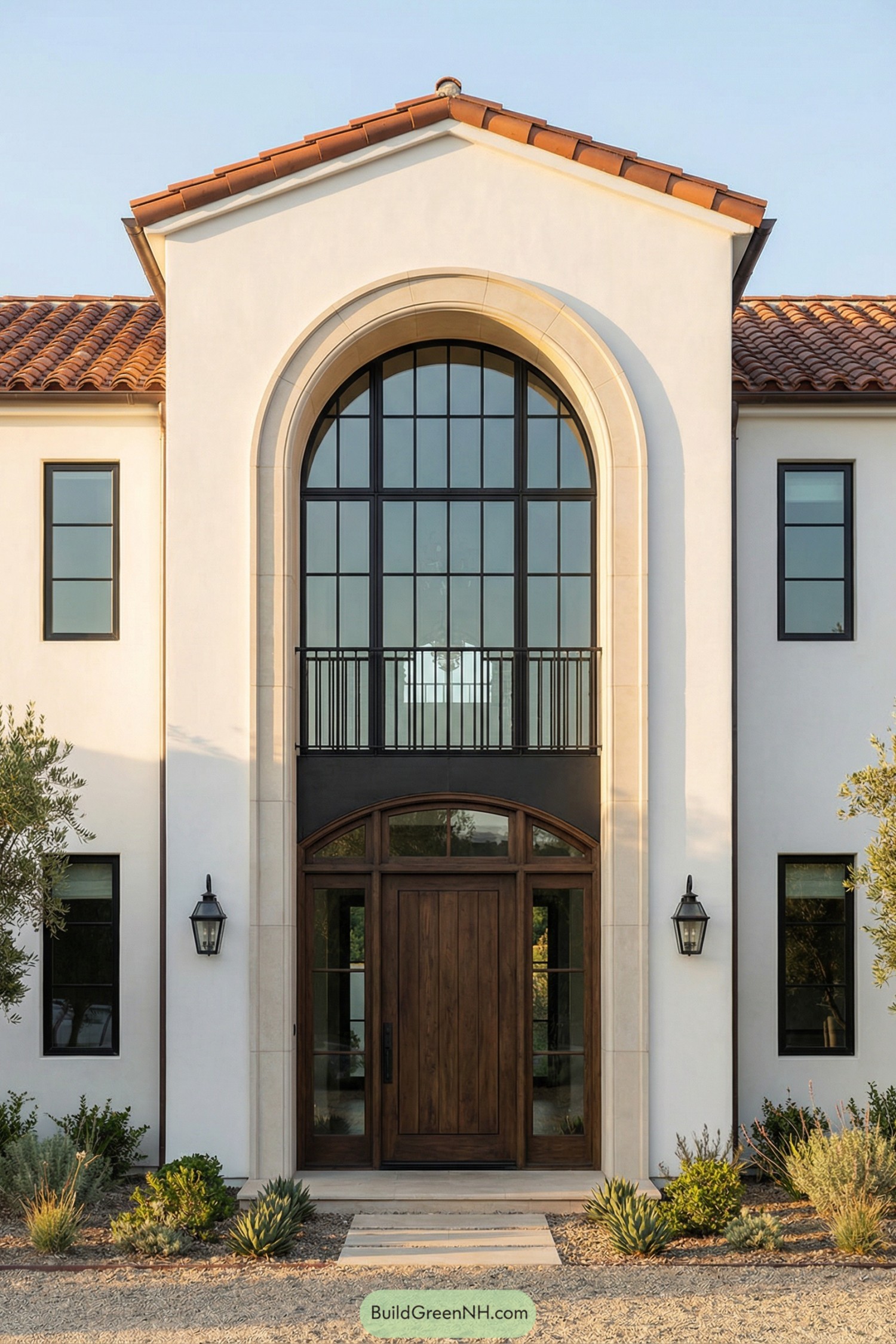 Tall arched glass entry with wood door centered on a white stucco Mediterranean style house