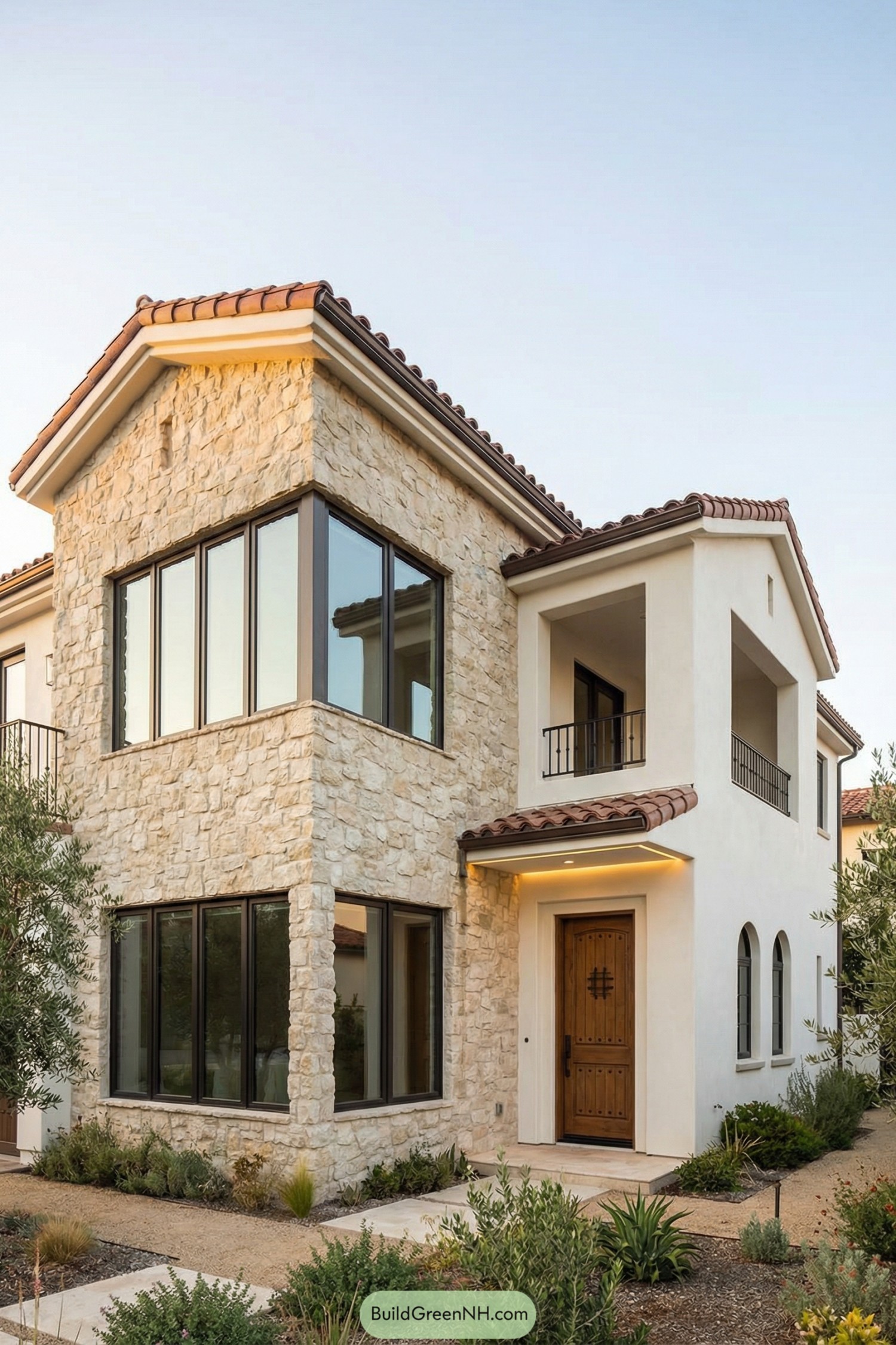 Two story modern Spanish Mediterranean house with stone and stucco exterior