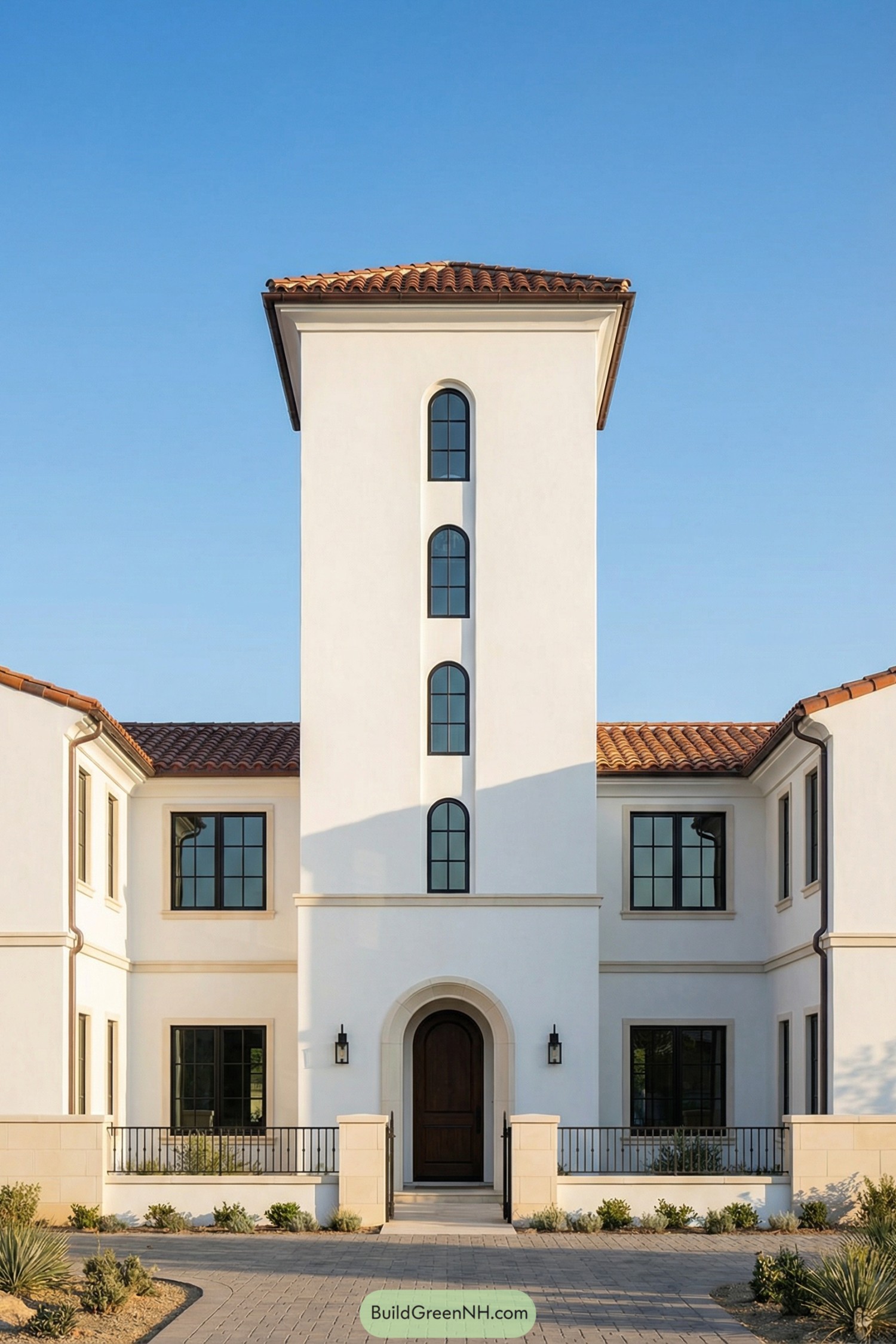 White stucco Mediterranean house with central tower and arched entry