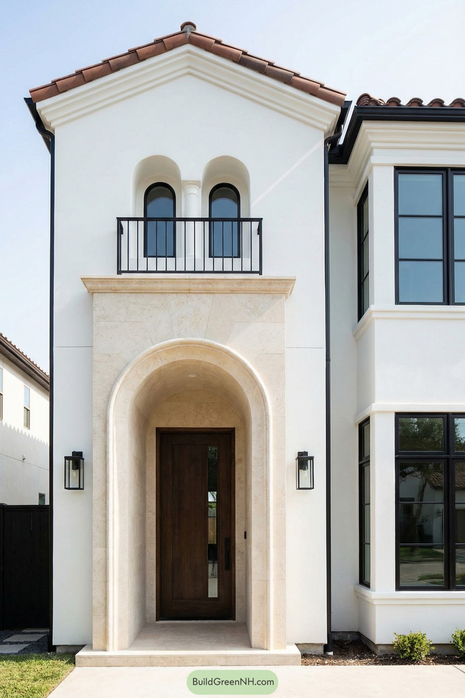 White stucco Mediterranean home with tall arched stone entry and small twin‑arched balcony above