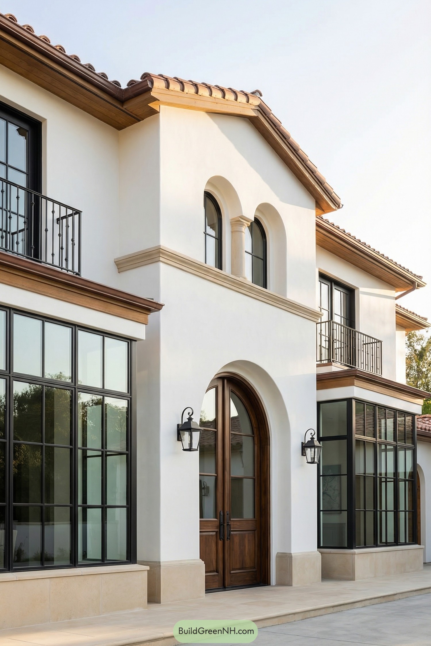 Modern Spanish Mediterranean home with arched wood doorway and large black-framed windows