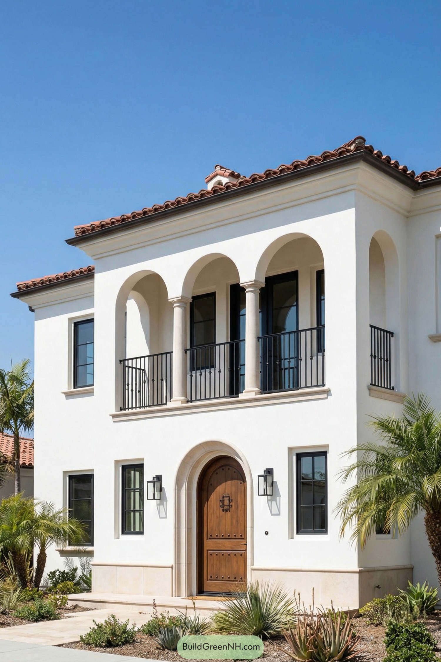 Two story white stucco Spanish Mediterranean home with arched upper balcony, red tile roof, and a carved wooden front door