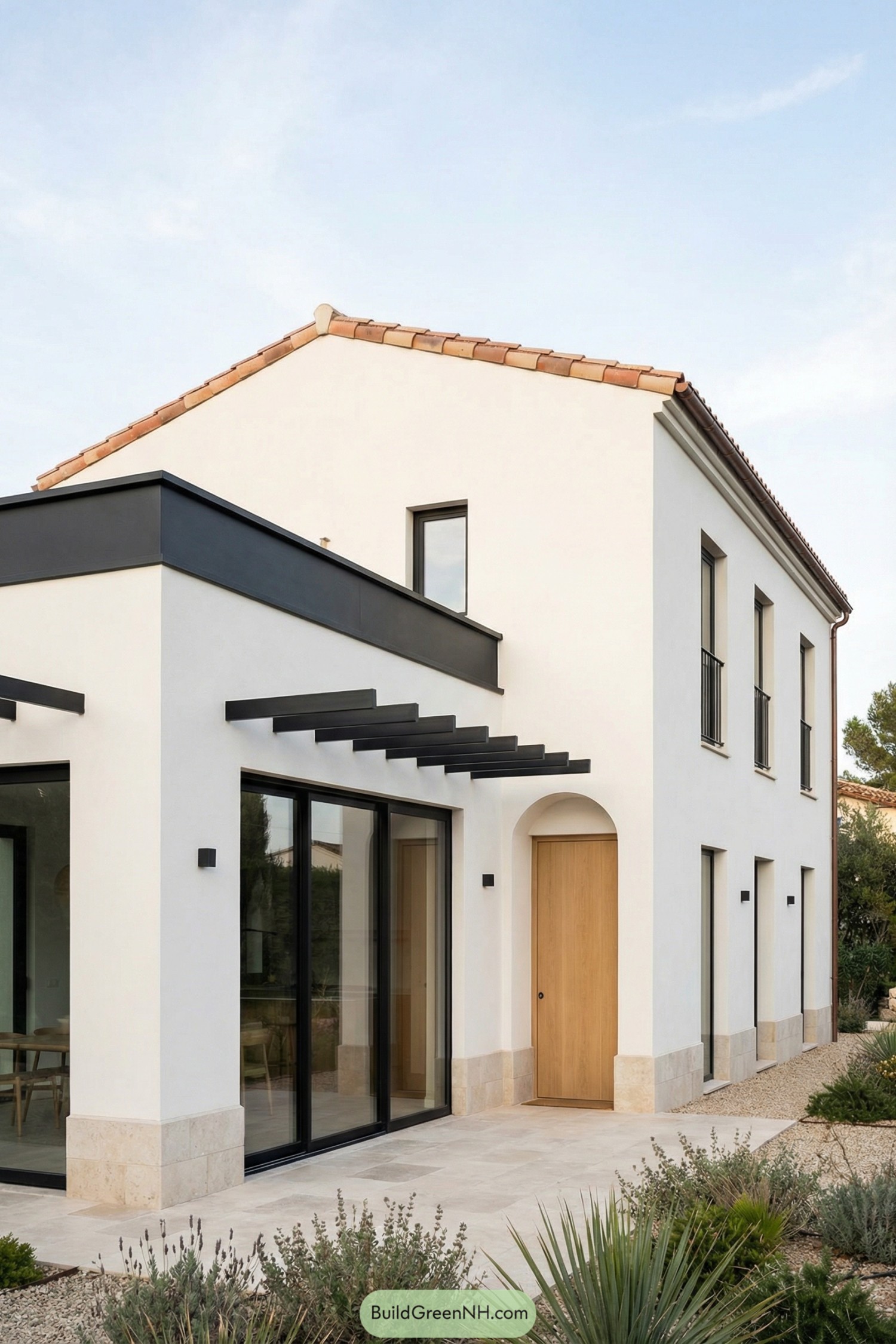 Modern white stucco Mediterranean house with flat and gable roofs large black-framed windows and a light wood front door