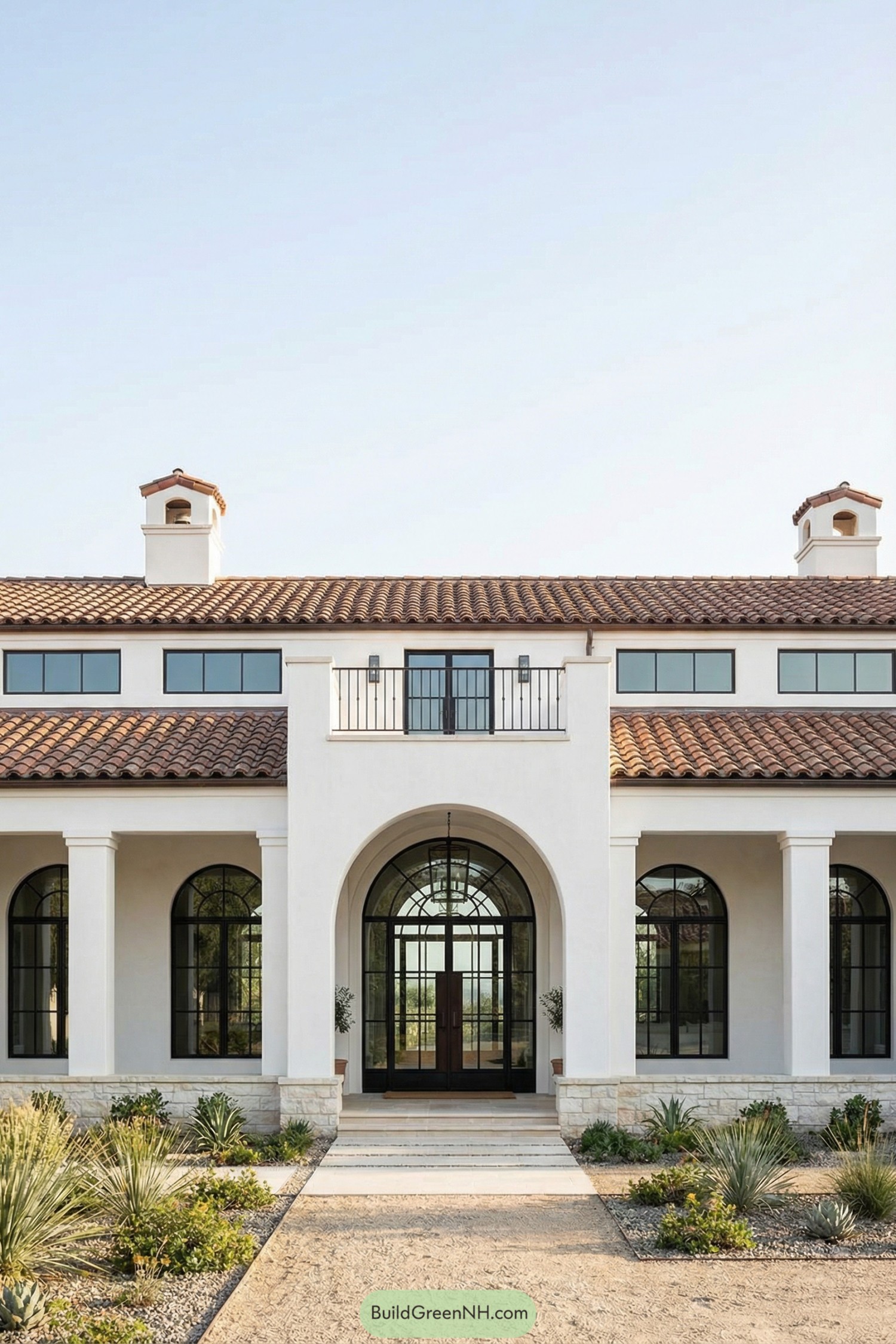 White stucco Mediterranean house with arched entry and terracotta tile roof