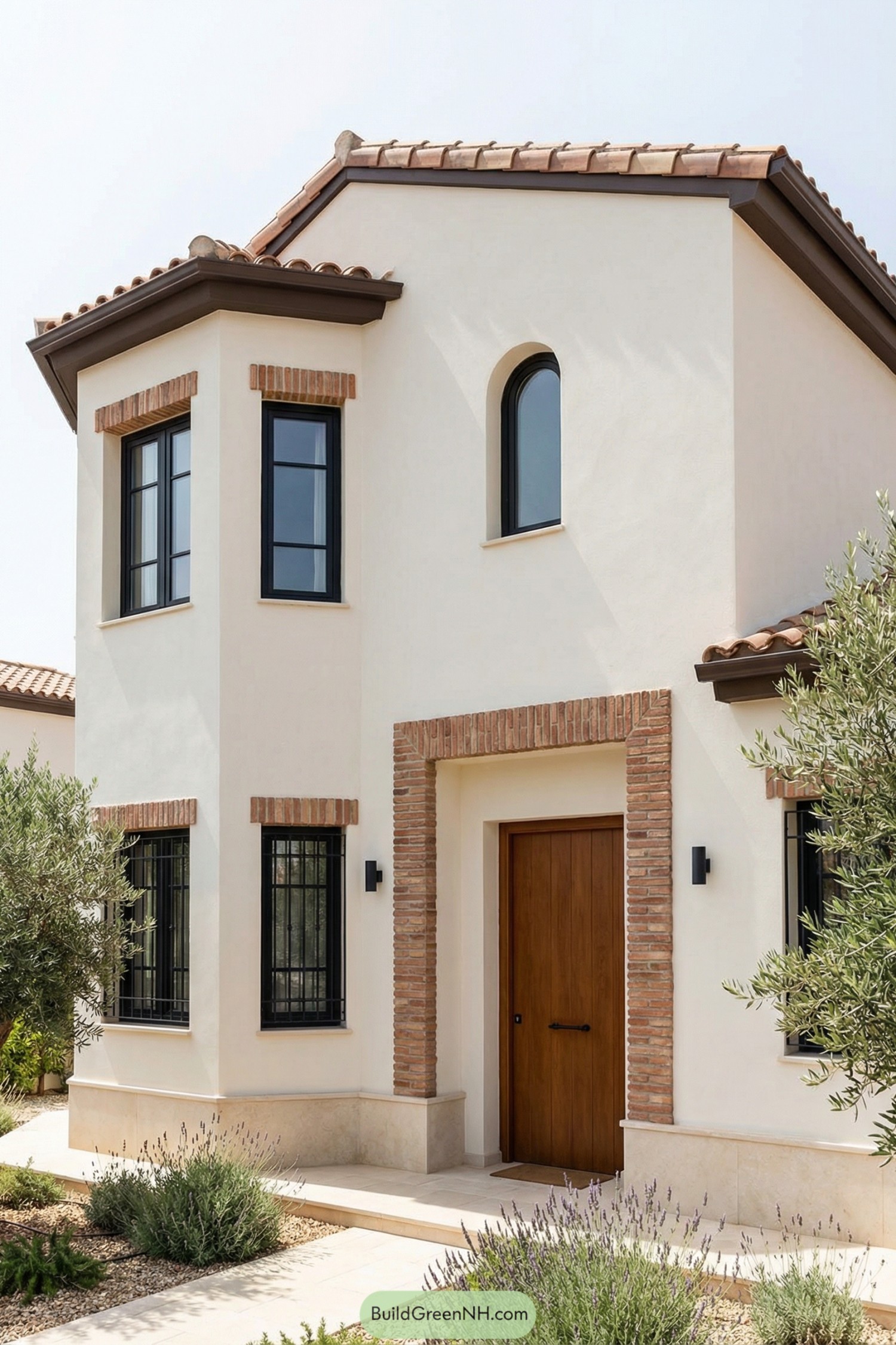 Two story stucco Mediterranean house with brick accents and wood front door