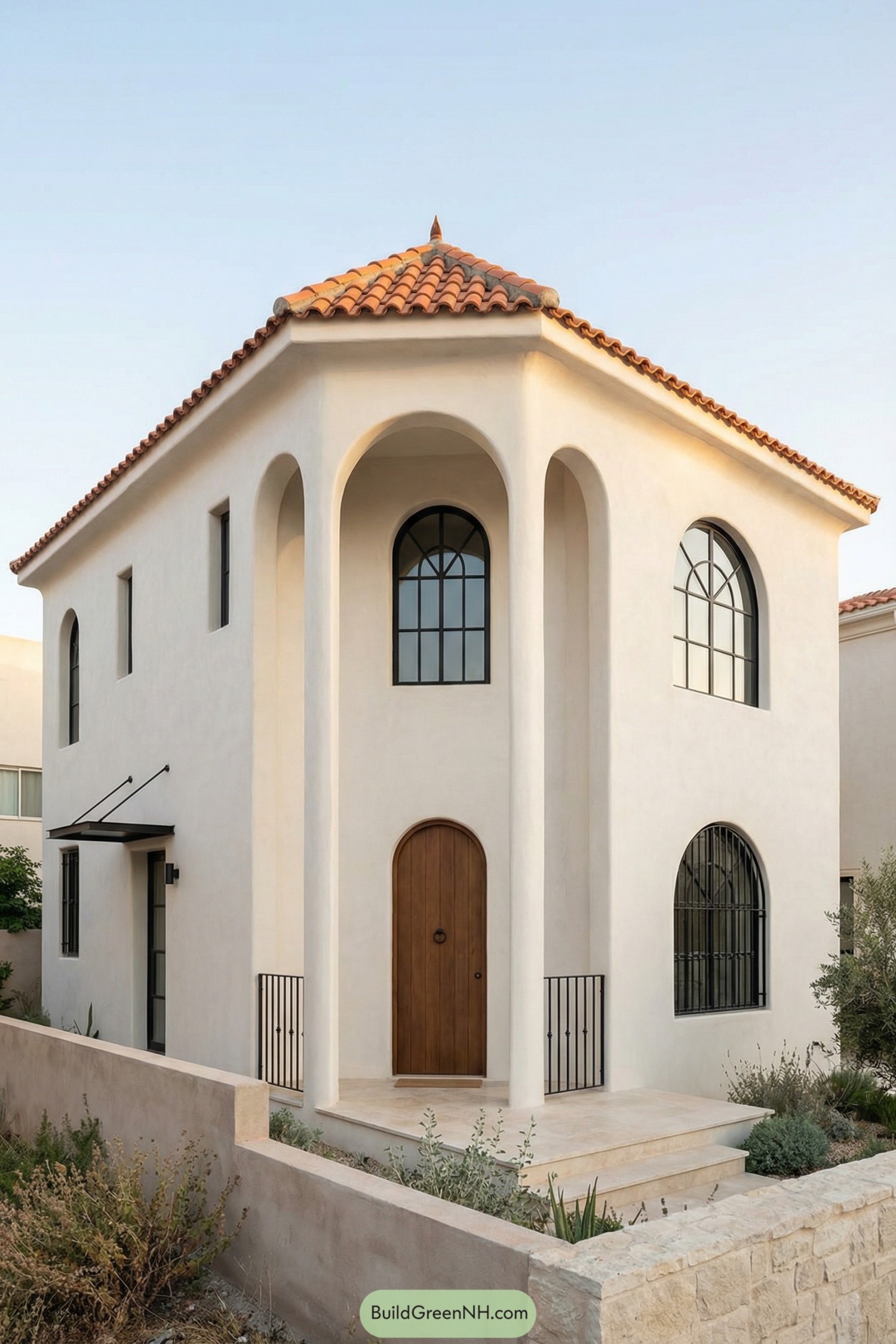 Tall stucco Mediterranean house with arches and clay tile roof