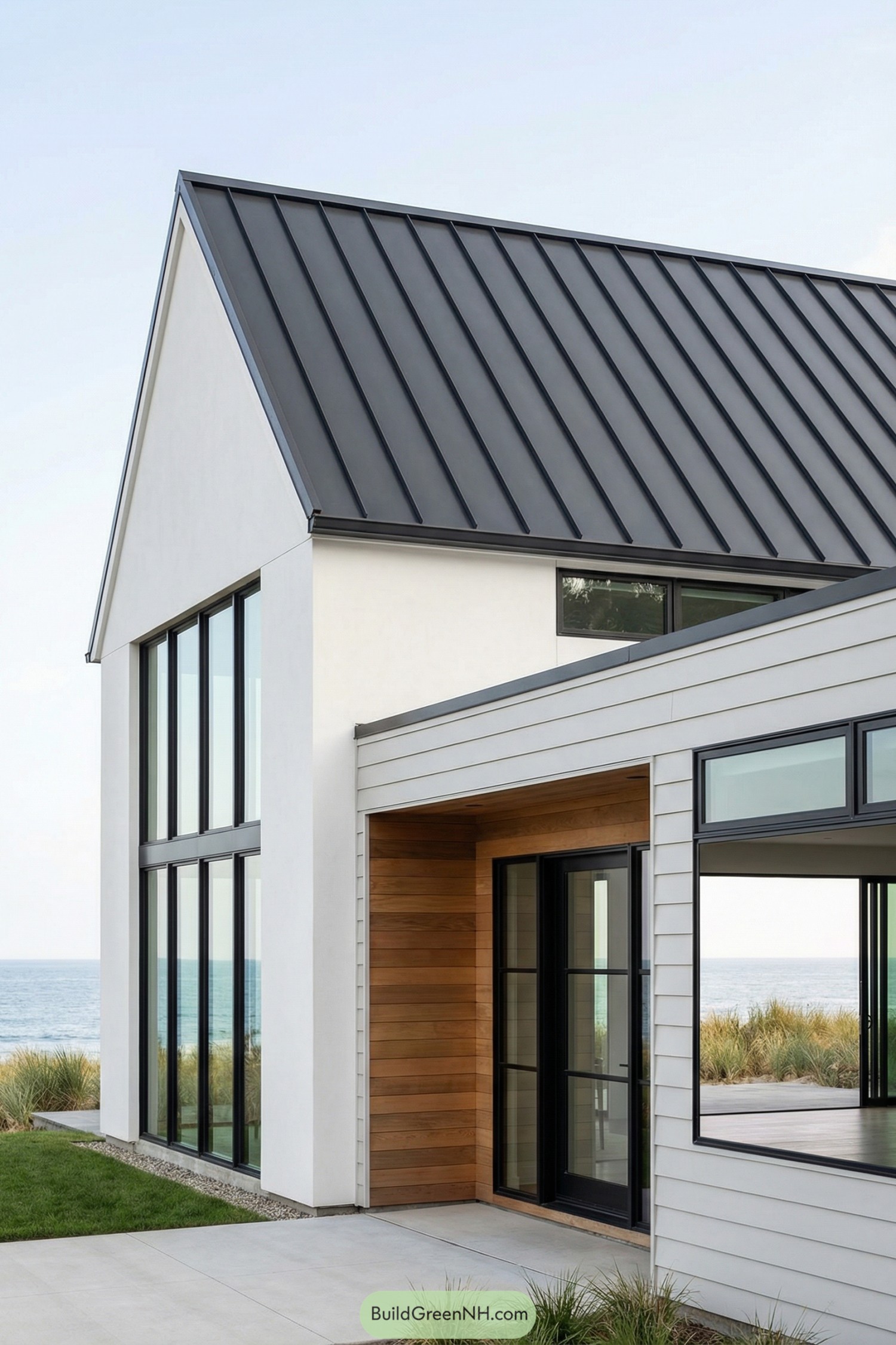 Modern beach house with tall windows and metal gable roof overlooking the ocean